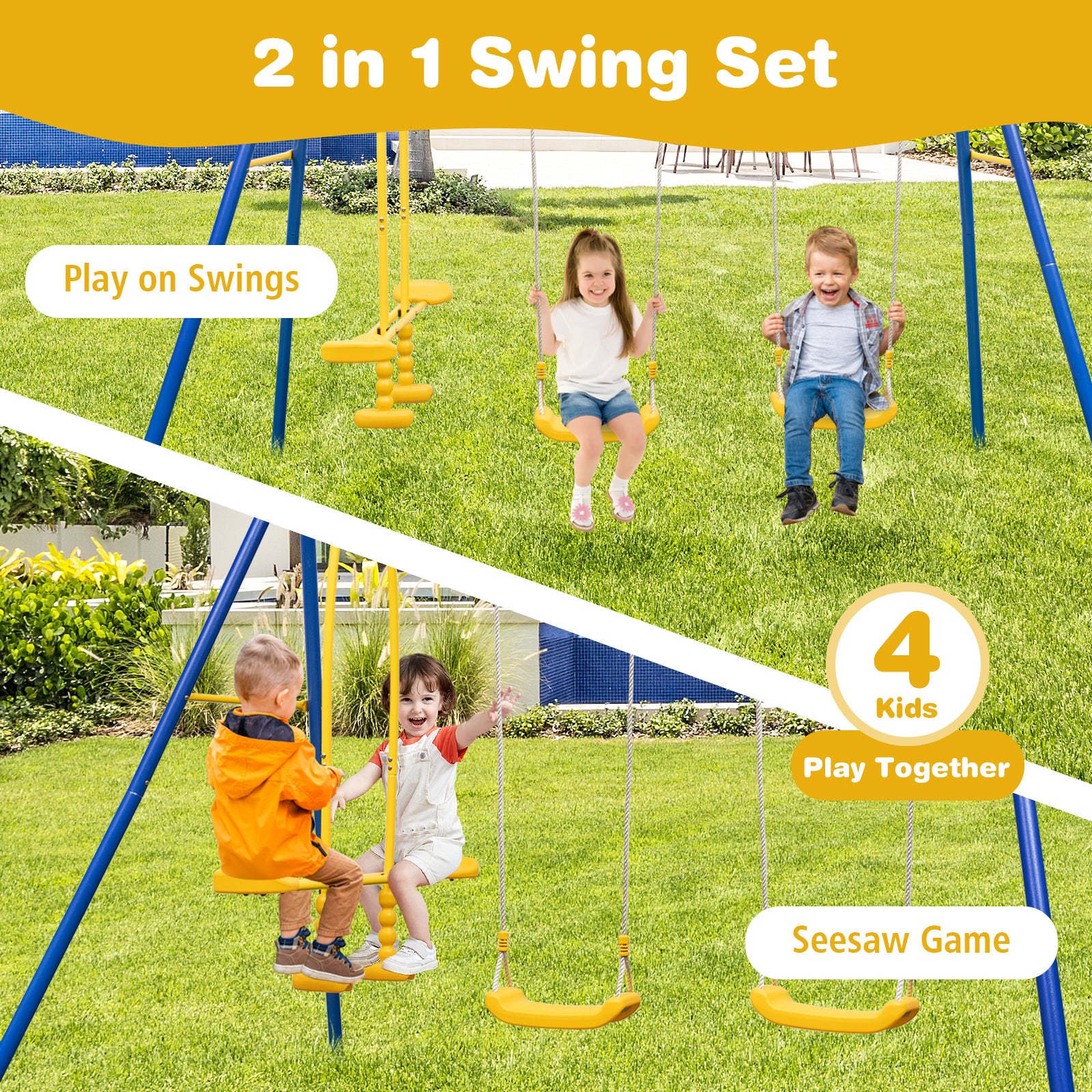 Heavy-Duty Kids Playset with 2 Swing Seats and 2 Glider Seats for Children 3-12 Years Old-Blue - Image 6