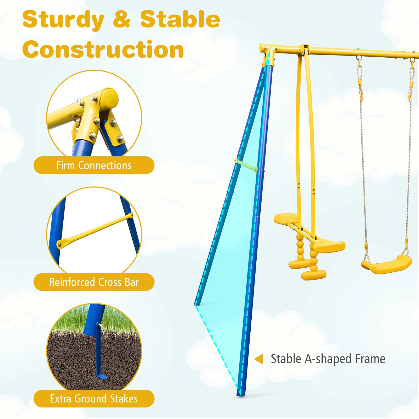 Heavy-Duty Kids Playset with 2 Swing Seats and 2 Glider Seats for Children 3-12 Years Old-Blue - Image 8