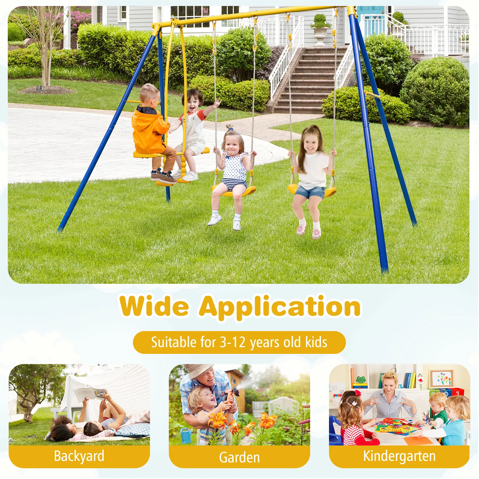 Heavy-Duty Kids Playset with 2 Swing Seats and 2 Glider Seats for Children 3-12 Years Old-Blue - Image 9