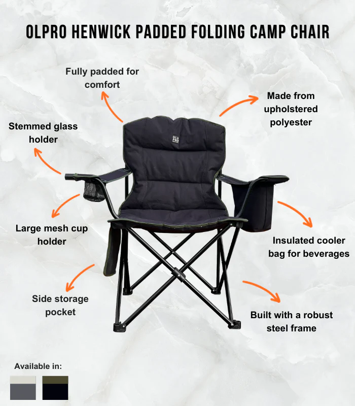Henwick Padded Folding Camp Chair Black & Green - Image 4