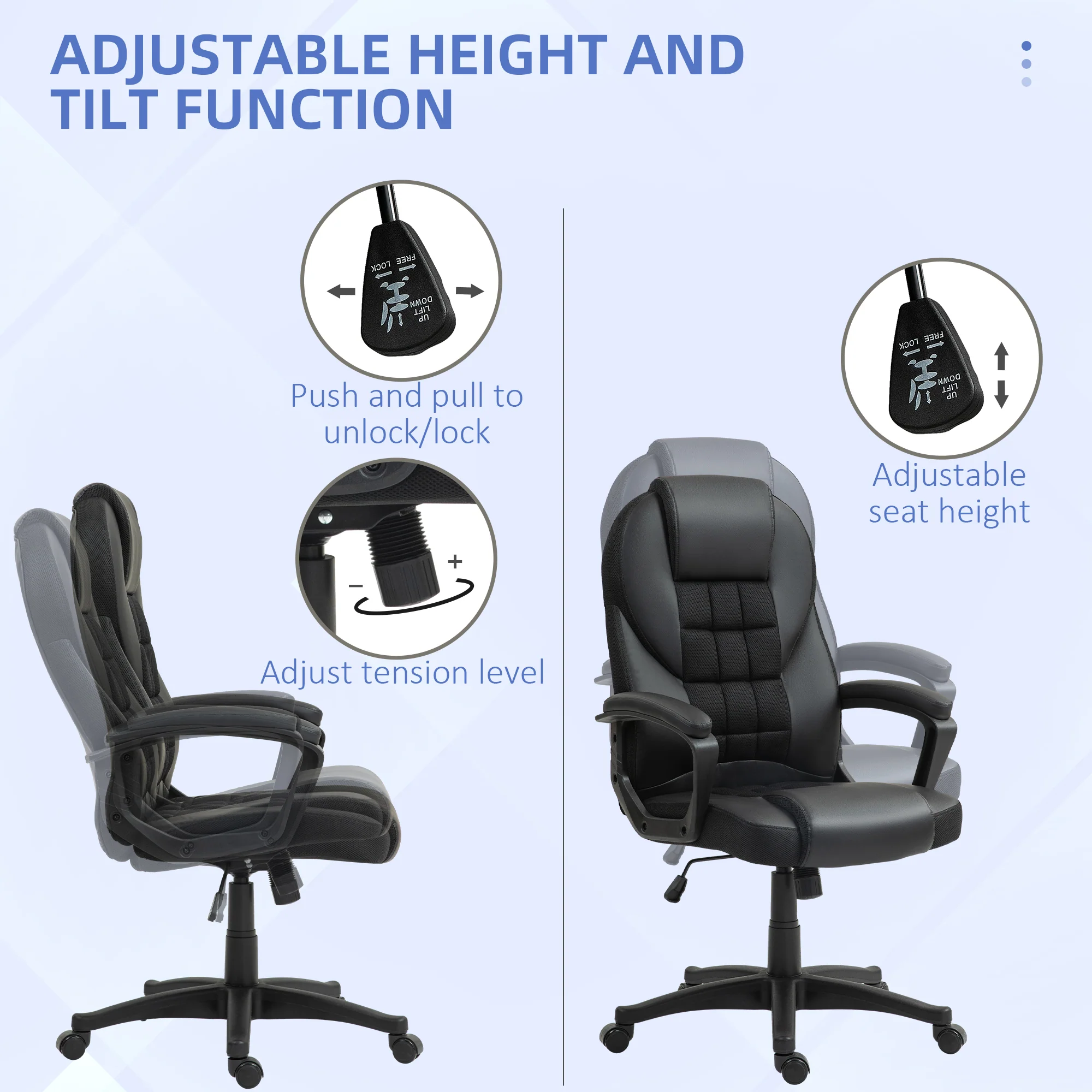 High Back Executive Office Chair PU Leather Desk Chair With Swivel Wheels - Black/Brown/Grey - Image 13