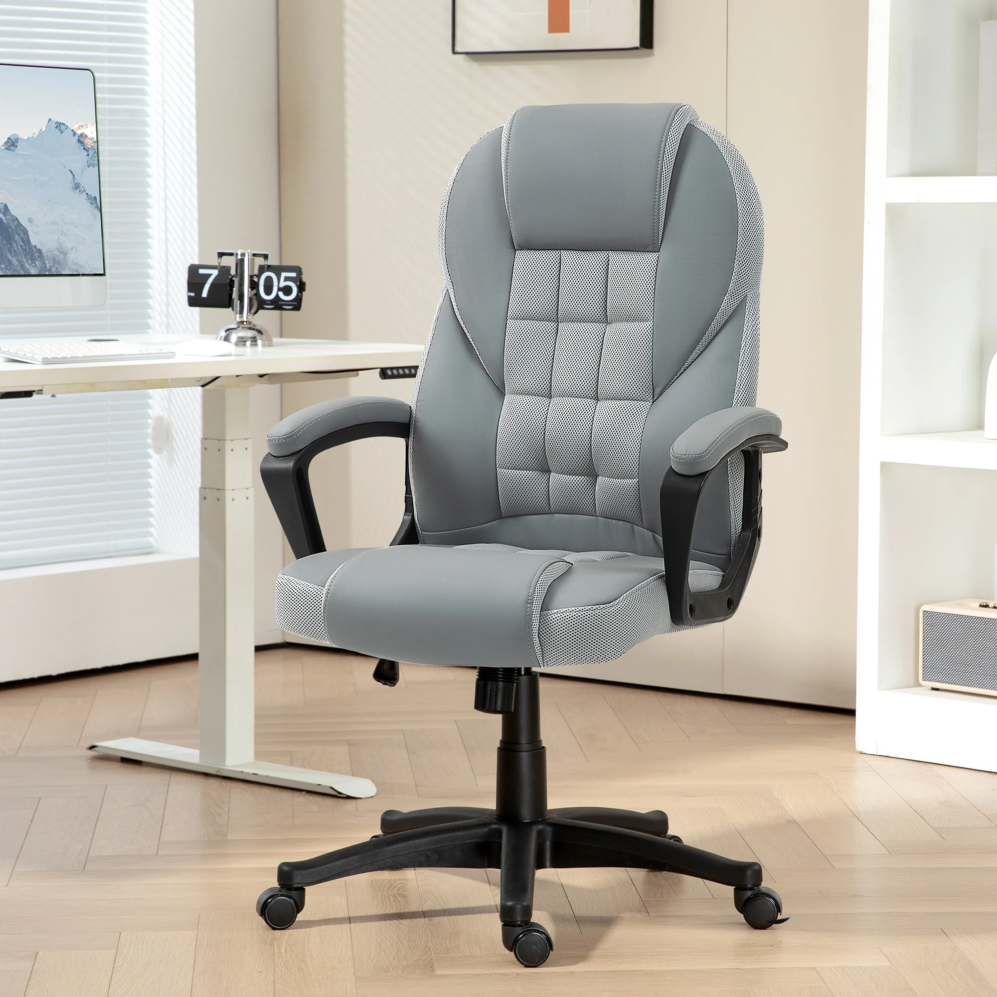 High Back Executive Office Chair PU Leather Desk Chair With Swivel Wheels - Black/Brown/Grey - Image 2