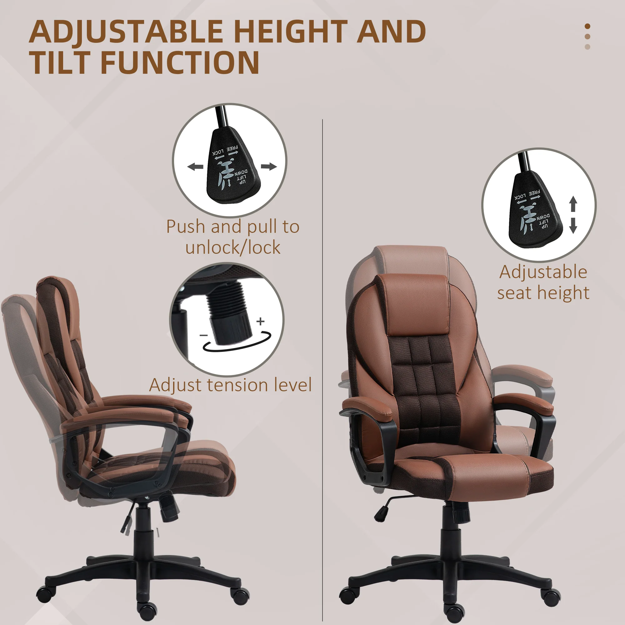 High Back Executive Office Chair PU Leather Desk Chair With Swivel Wheels - Black/Brown/Grey - Image 22