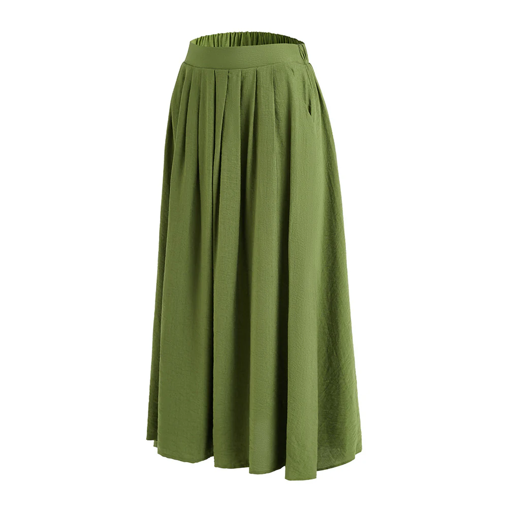 High Waist A-line Midi Skirt With Elastic Waistband And Pockets - Green - Image 4