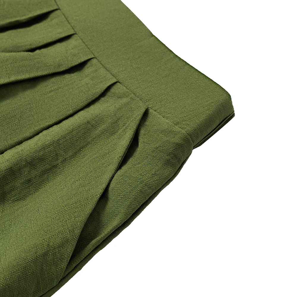 High Waist A-line Midi Skirt With Elastic Waistband And Pockets - Green - Image 6