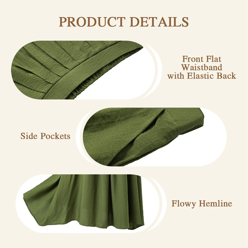 High Waist A-line Midi Skirt With Elastic Waistband And Pockets - Green - Image 7