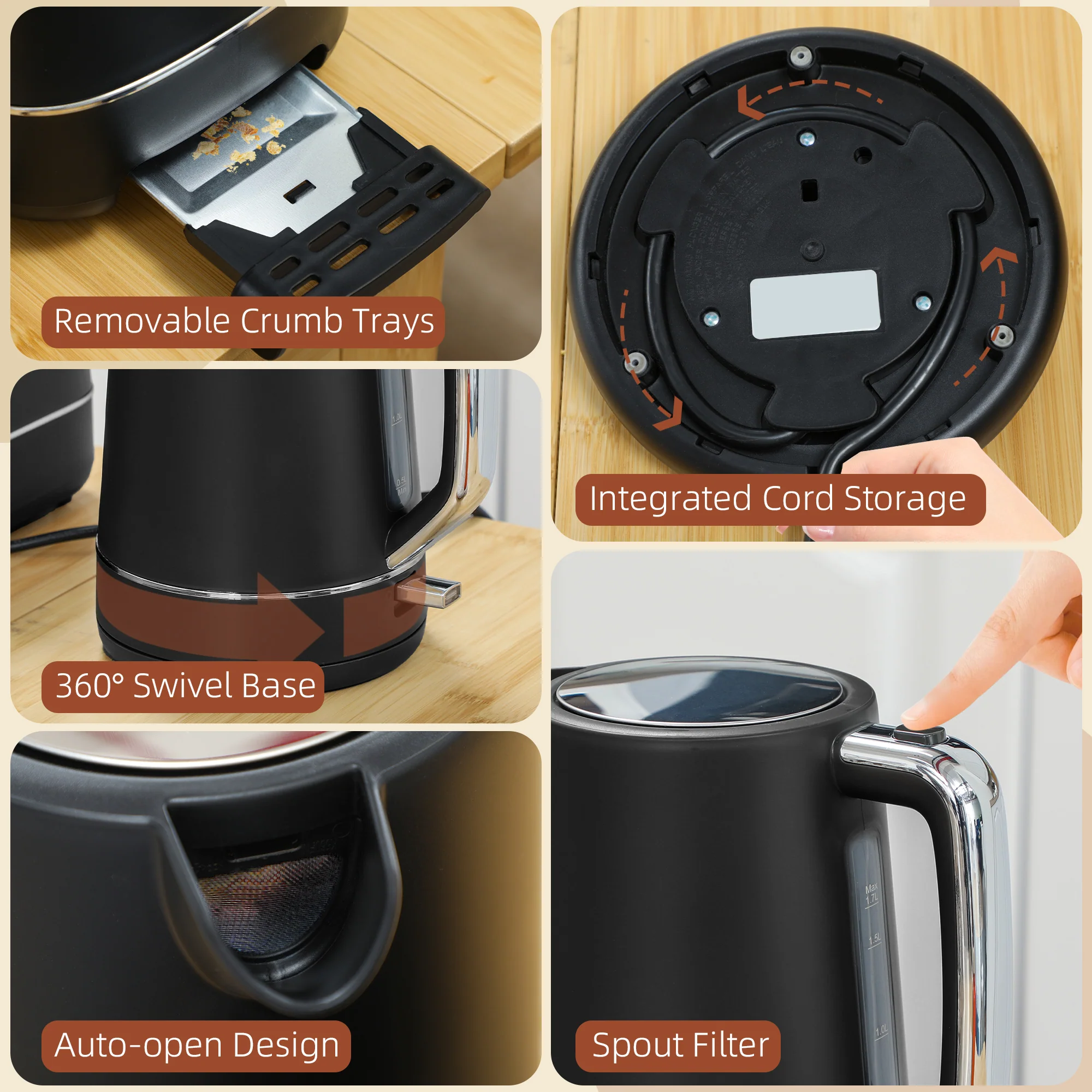 HOMCOM 1.7L 3000W Fast Boil Electric Kettle And 2 Slice Toaster Set - Image 9