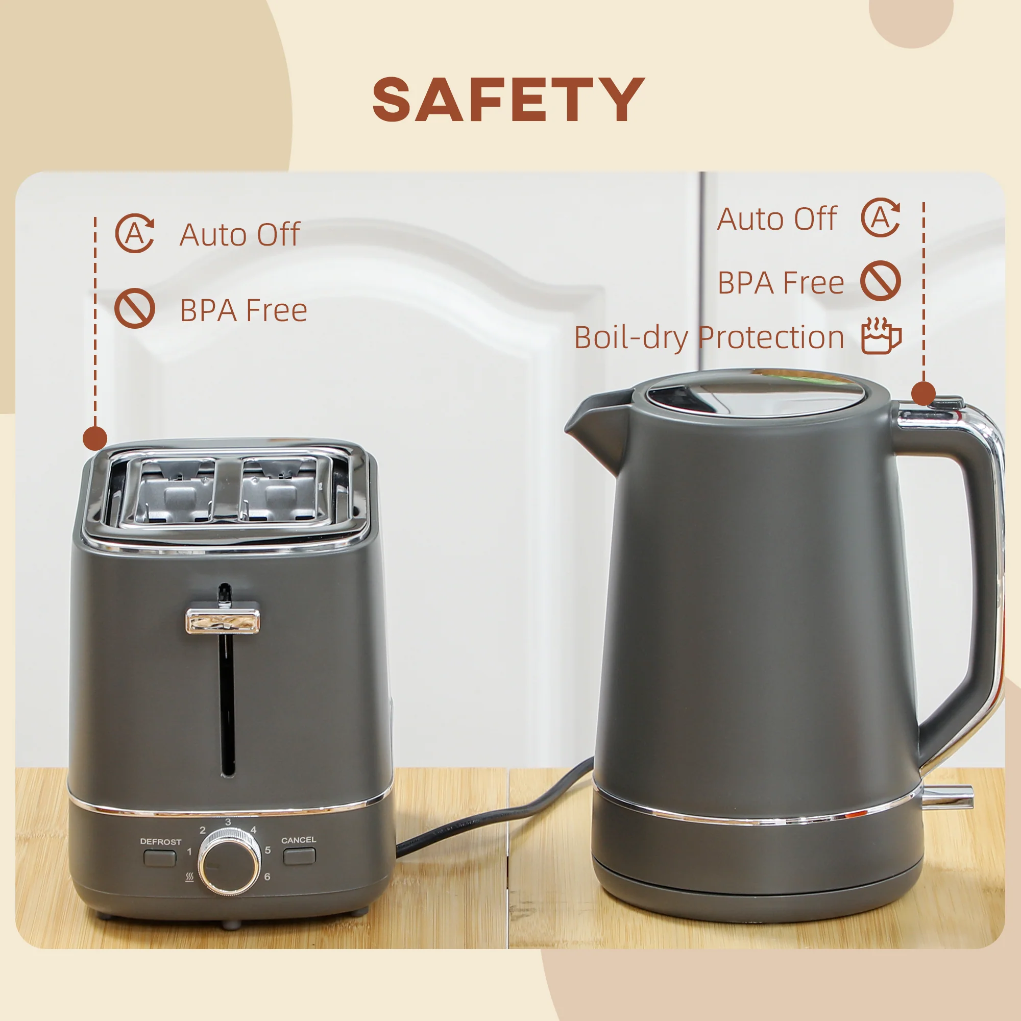 HOMCOM 1.7L 3000W Fast Boil Electric Kettle And 2 Slice Toaster Set, Grey - Image 7