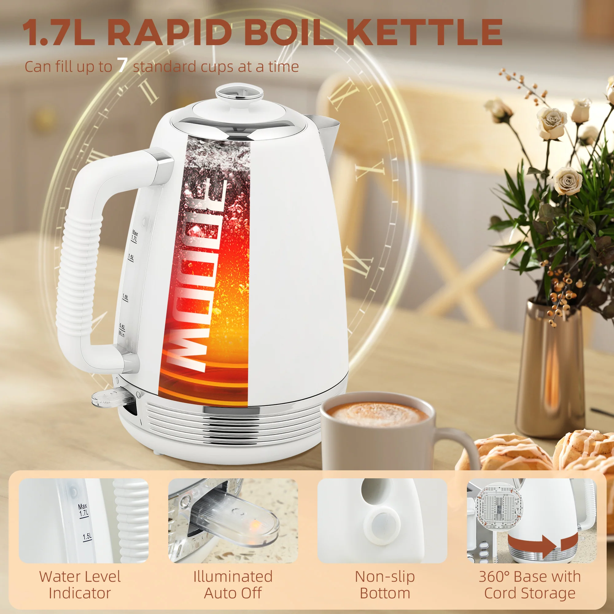 HOMCOM 1.7L 3000W Quick Boil Kettle And 4 Slice Toaster Set Crumb Tray - Image 13