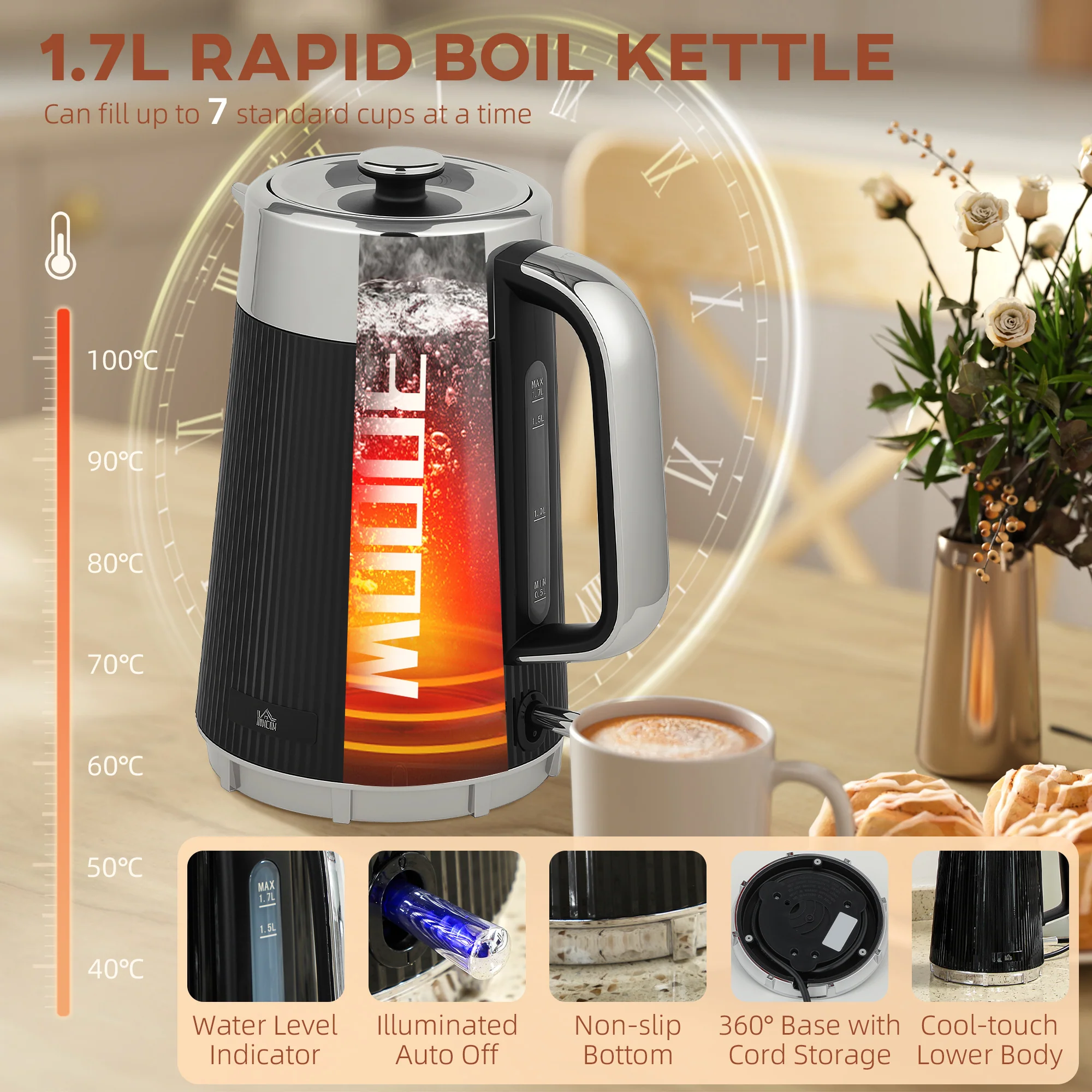 HOMCOM 1.7L 3000W Rapid Boil Kettle And 4 Slice Toaster Set Crumb Tray - Image 3