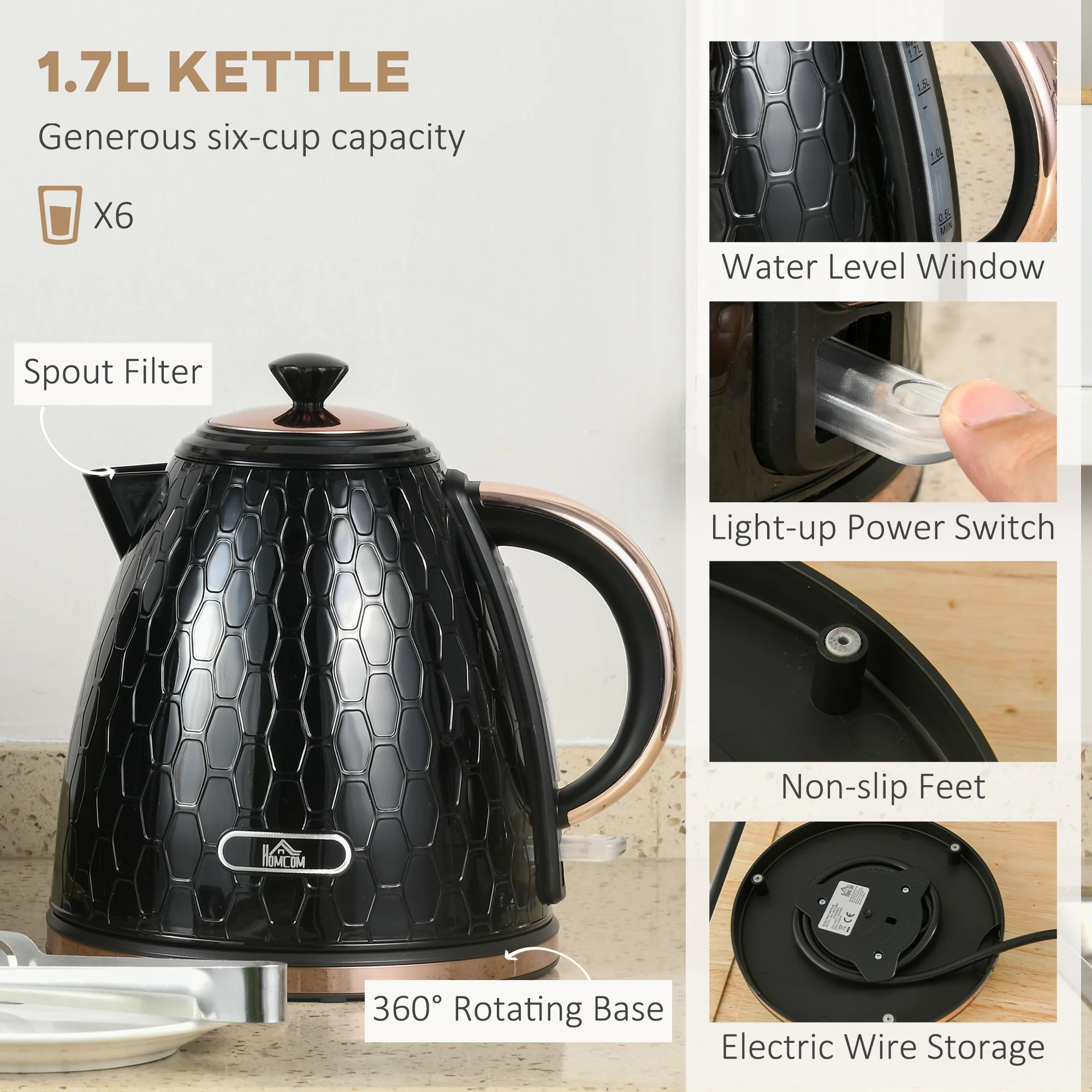 HOMCOM 1.7L Kettle and Toaster Set with Defrost, Reheat and Crumb Tray, Black - Image 3