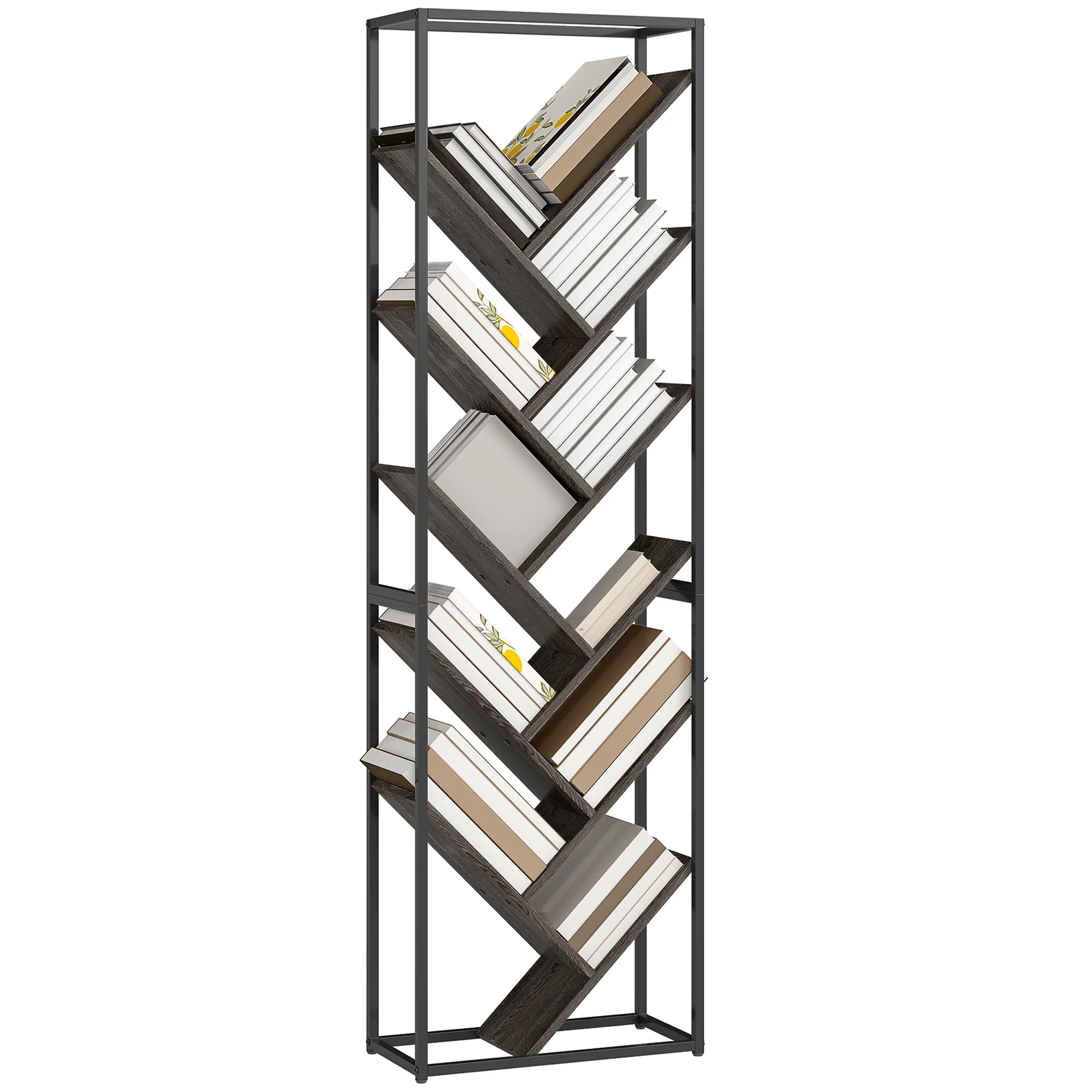 HOMCOM 10 Tier Tree Bookshelf Industrial Tall Bookcase Grey Black