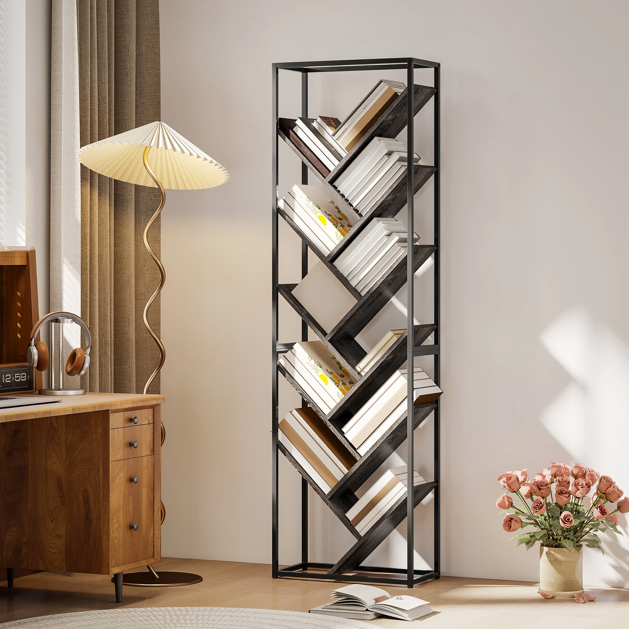 HOMCOM 10 Tier Tree Bookshelf Industrial Tall Bookcase Grey Black - Image 2
