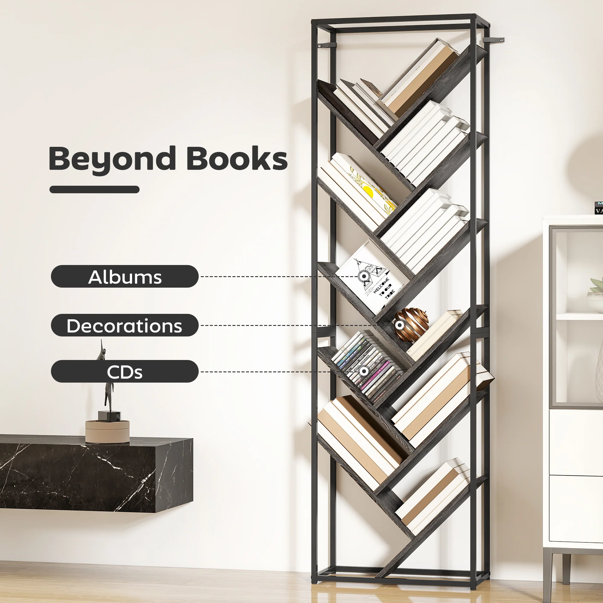 HOMCOM 10 Tier Tree Bookshelf Industrial Tall Bookcase Grey Black - Image 4
