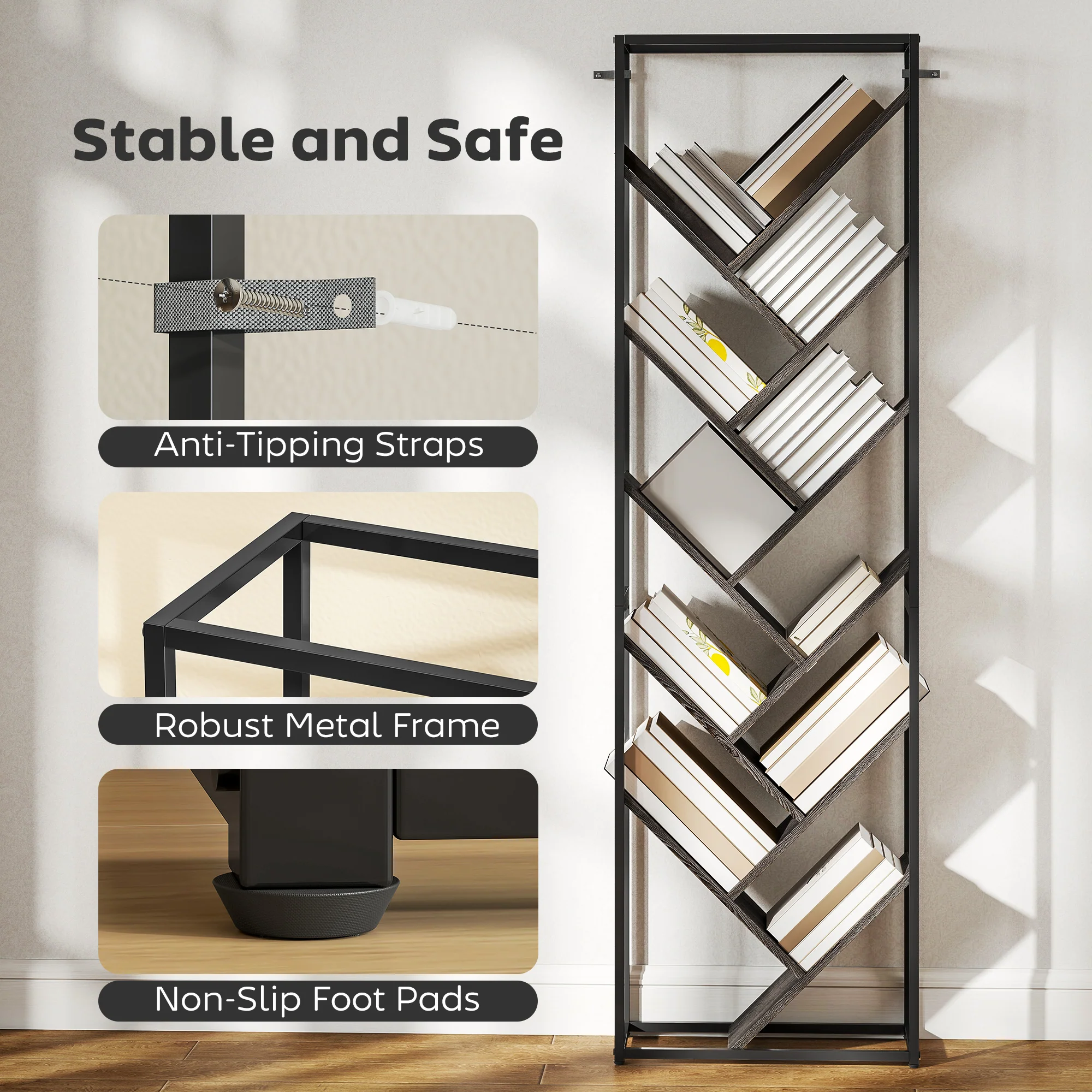 HOMCOM 10 Tier Tree Bookshelf Industrial Tall Bookcase Grey Black - Image 7