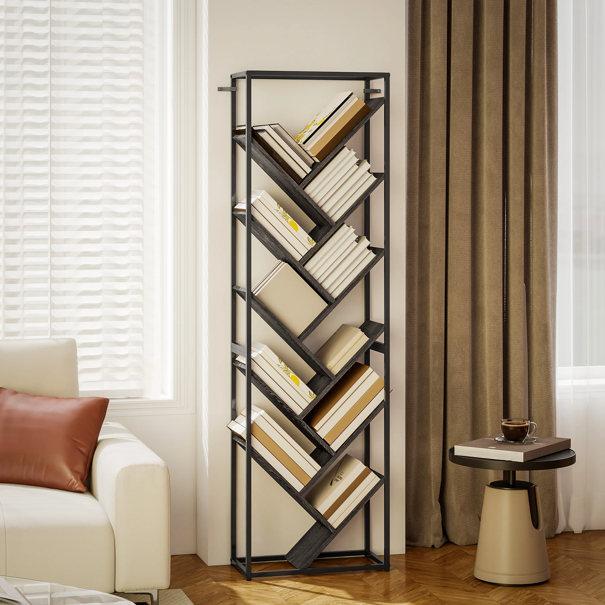HOMCOM 10 Tier Tree Bookshelf Industrial Tall Bookcase Grey Black - Image 8