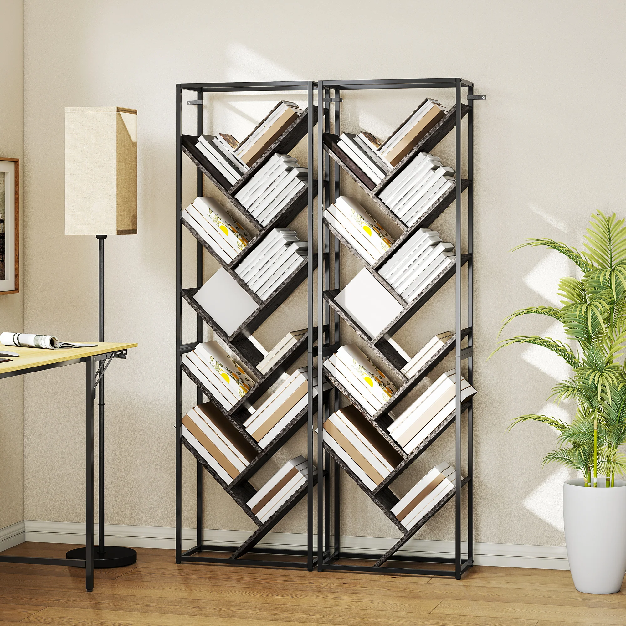 HOMCOM 10 Tier Tree Bookshelf Industrial Tall Bookcase Grey Black - Image 9