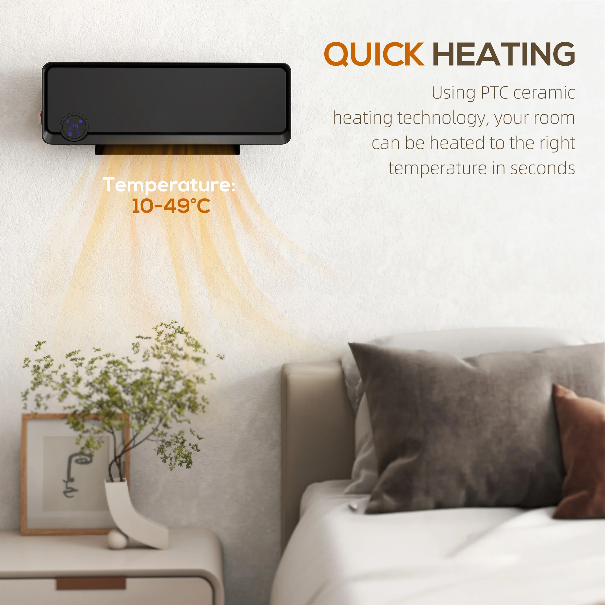 HOMCOM 1000W/2000W Wall Downflow Heater 10-49°C Temperature w/ Timer, Black - Image 6