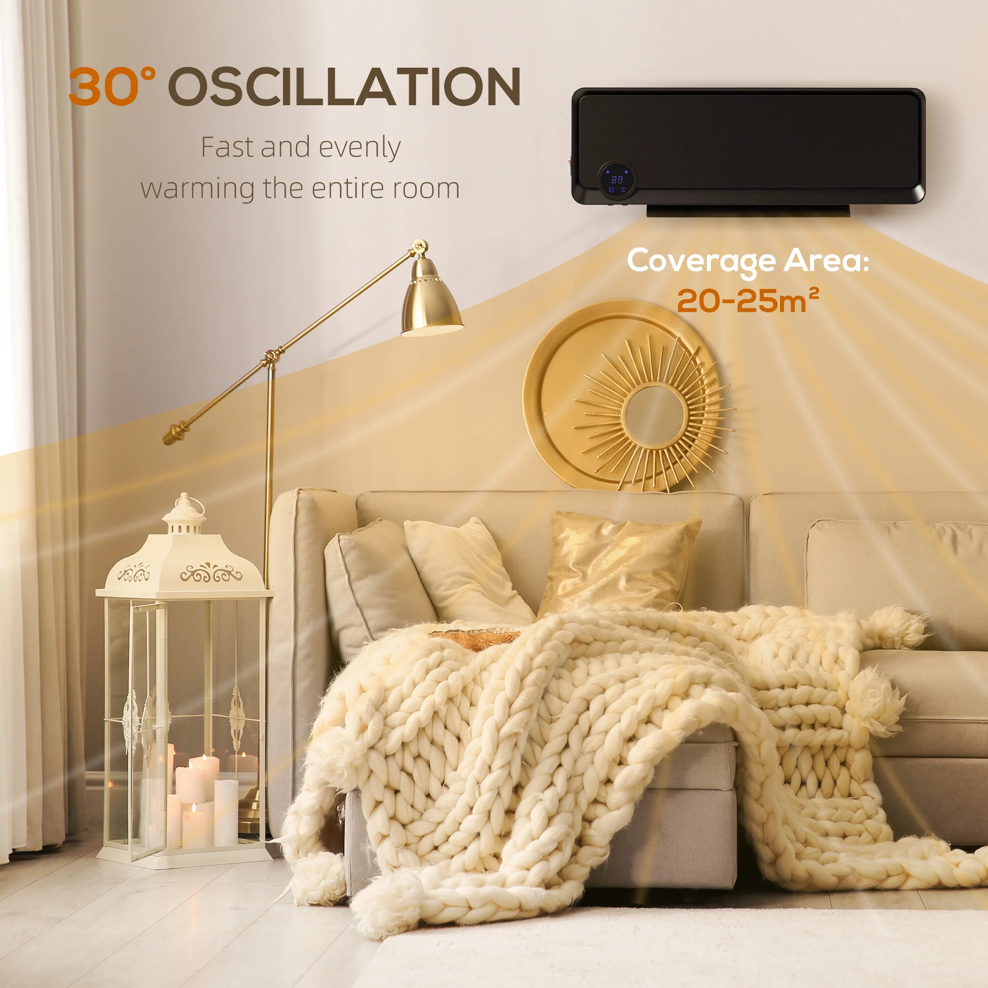 HOMCOM 1000W/2000W Wall Downflow Heater 10-49°C Temperature w/ Timer, Black - Image 8