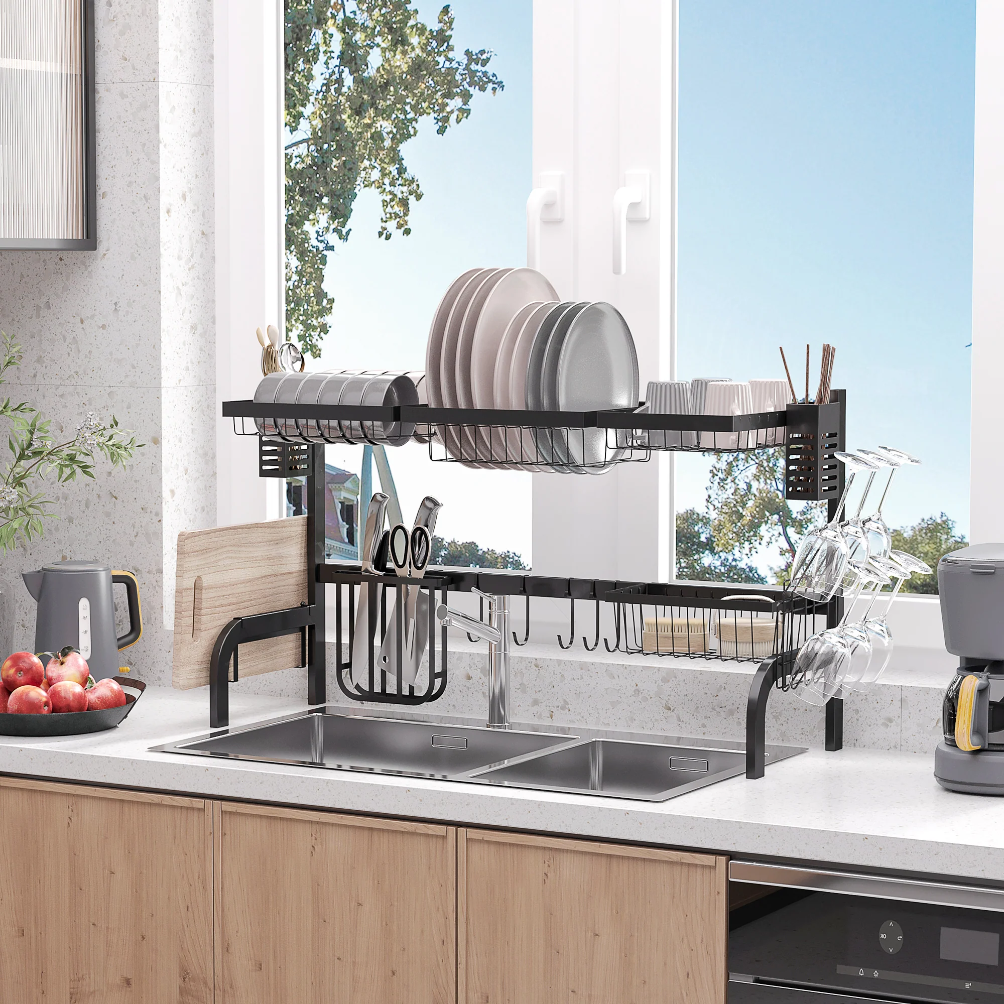 HOMCOM 100cm Over The Sink Dish Drainer Rack, 2 Tier Dish Rack For Kitchen, Black - Image 2