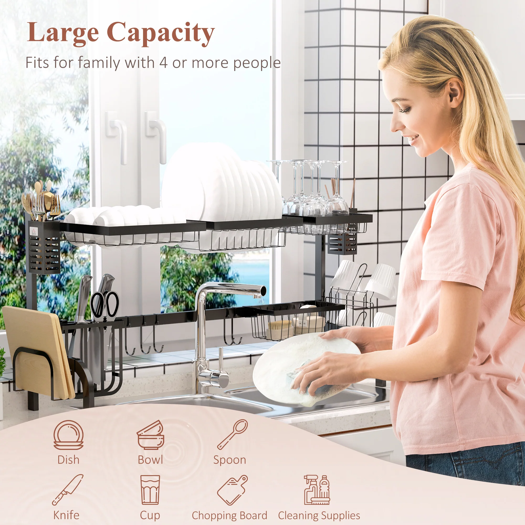 HOMCOM 100cm Over The Sink Dish Drainer Rack, 2 Tier Dish Rack For Kitchen, Black - Image 3