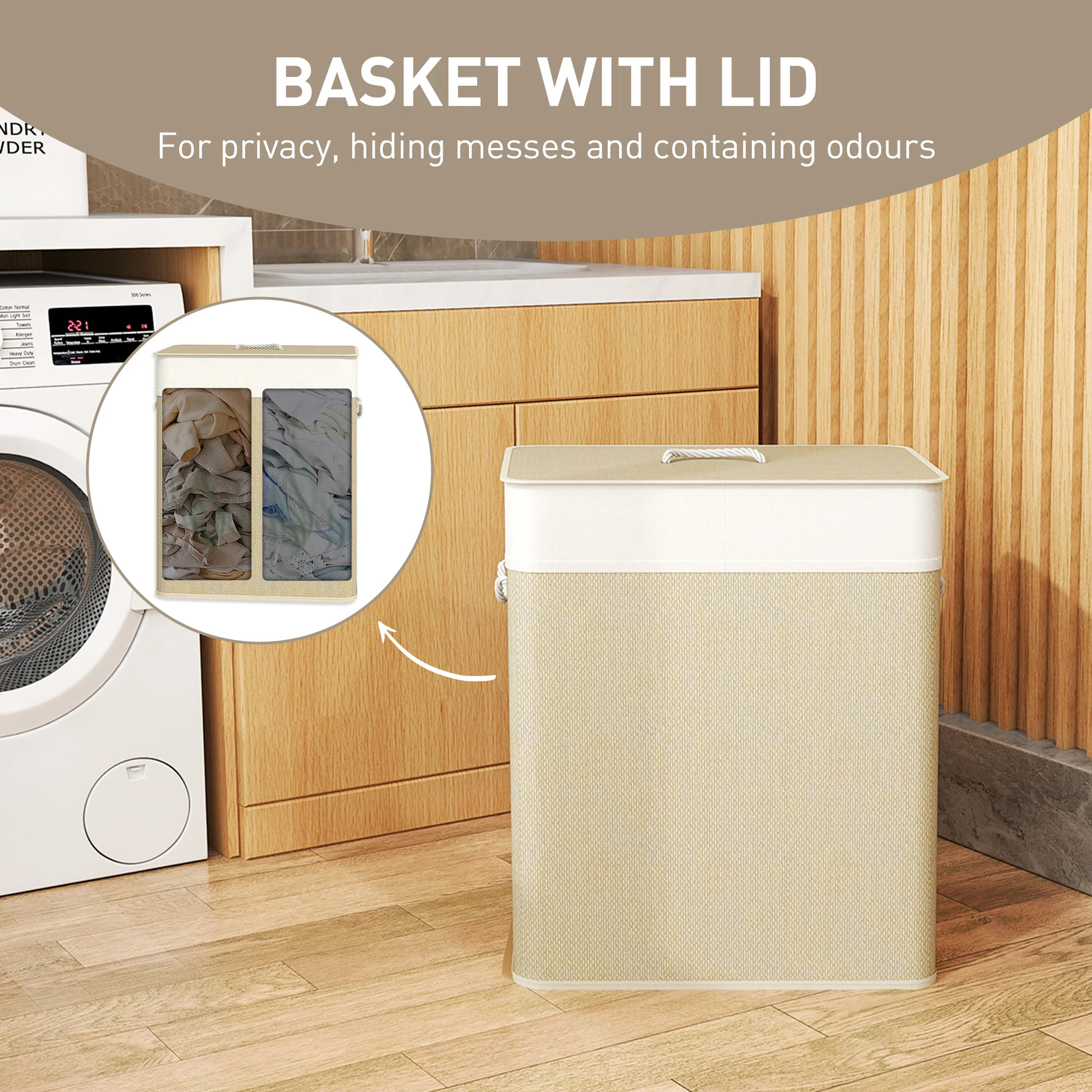 HOMCOM 100L Laundry Basket With Lid, Washing Basket For Bathroom - Image 13