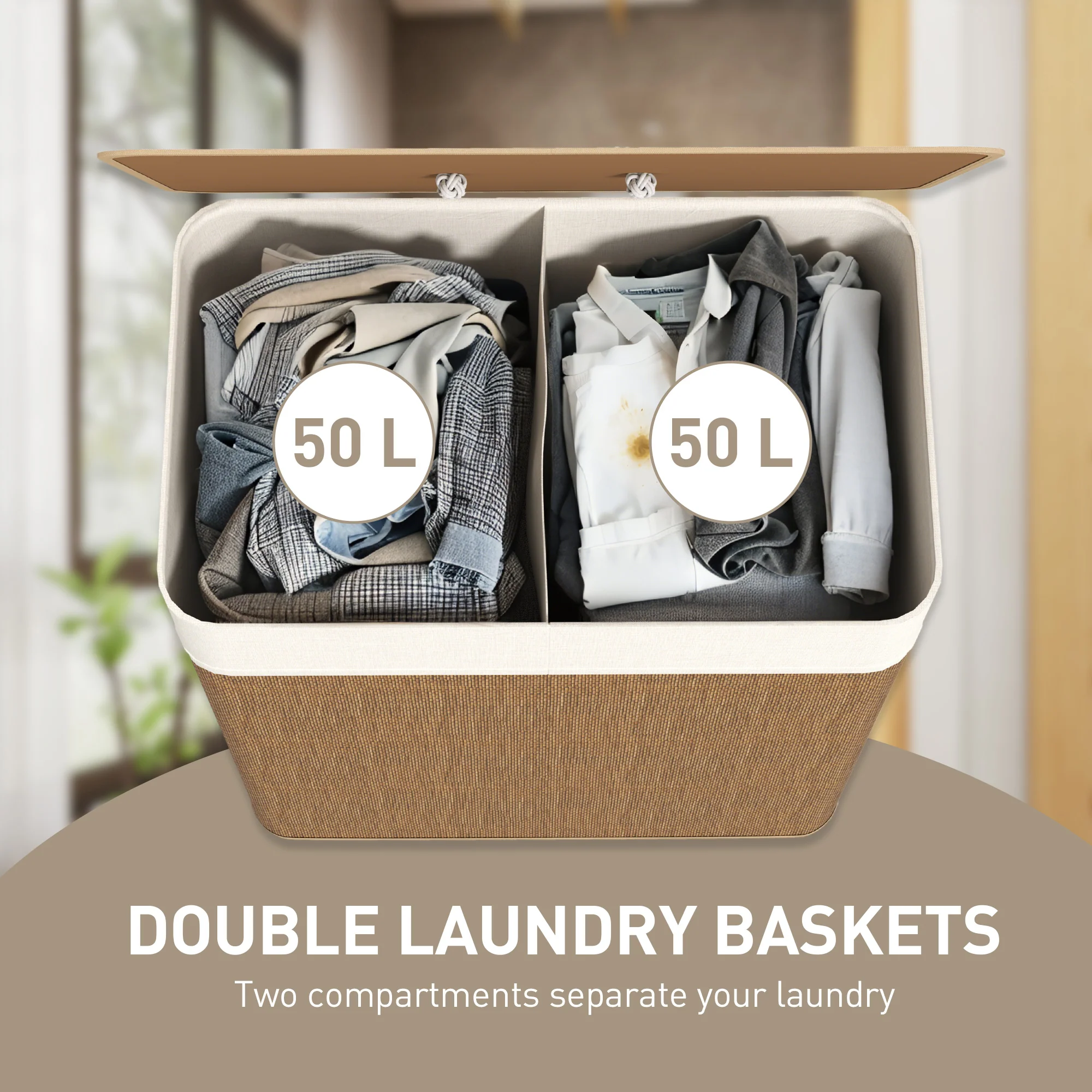 HOMCOM 100L Laundry Basket With Lid, Washing Basket For Bathroom - Image 3