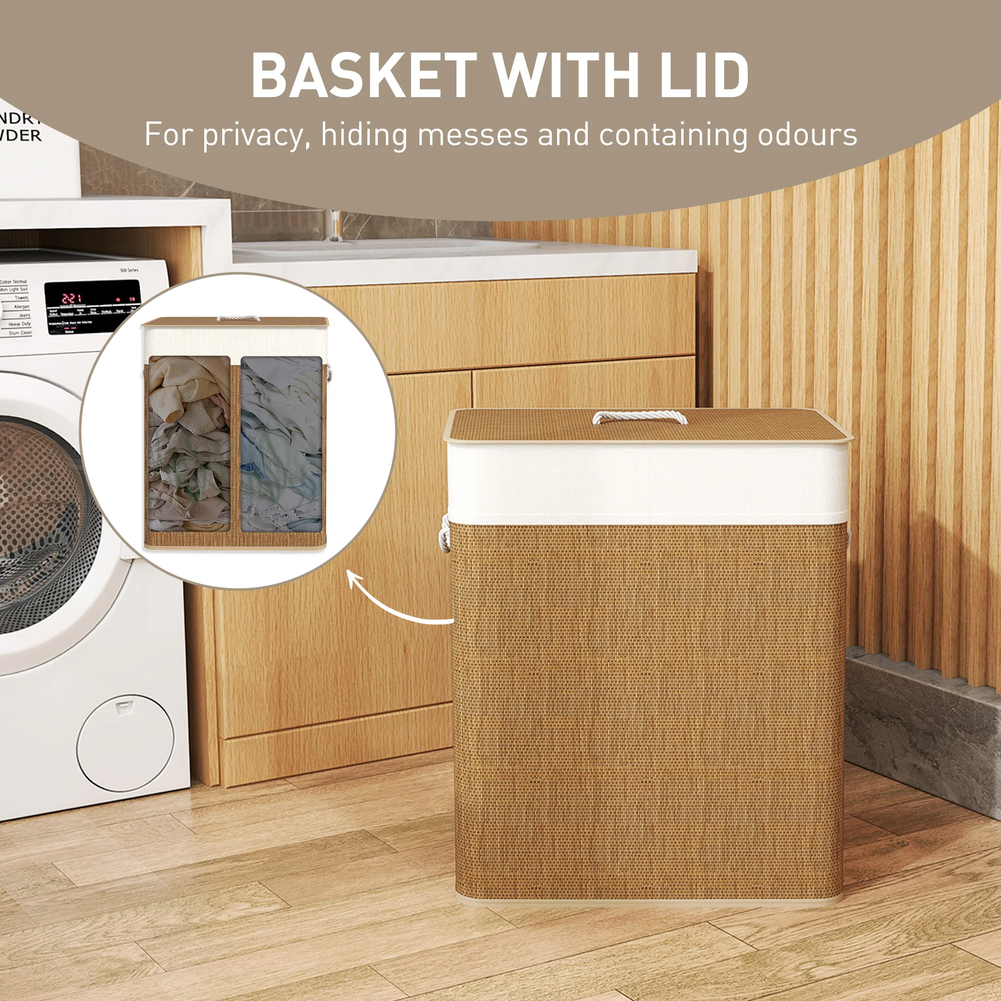 HOMCOM 100L Laundry Basket With Lid, Washing Basket For Bathroom - Image 4