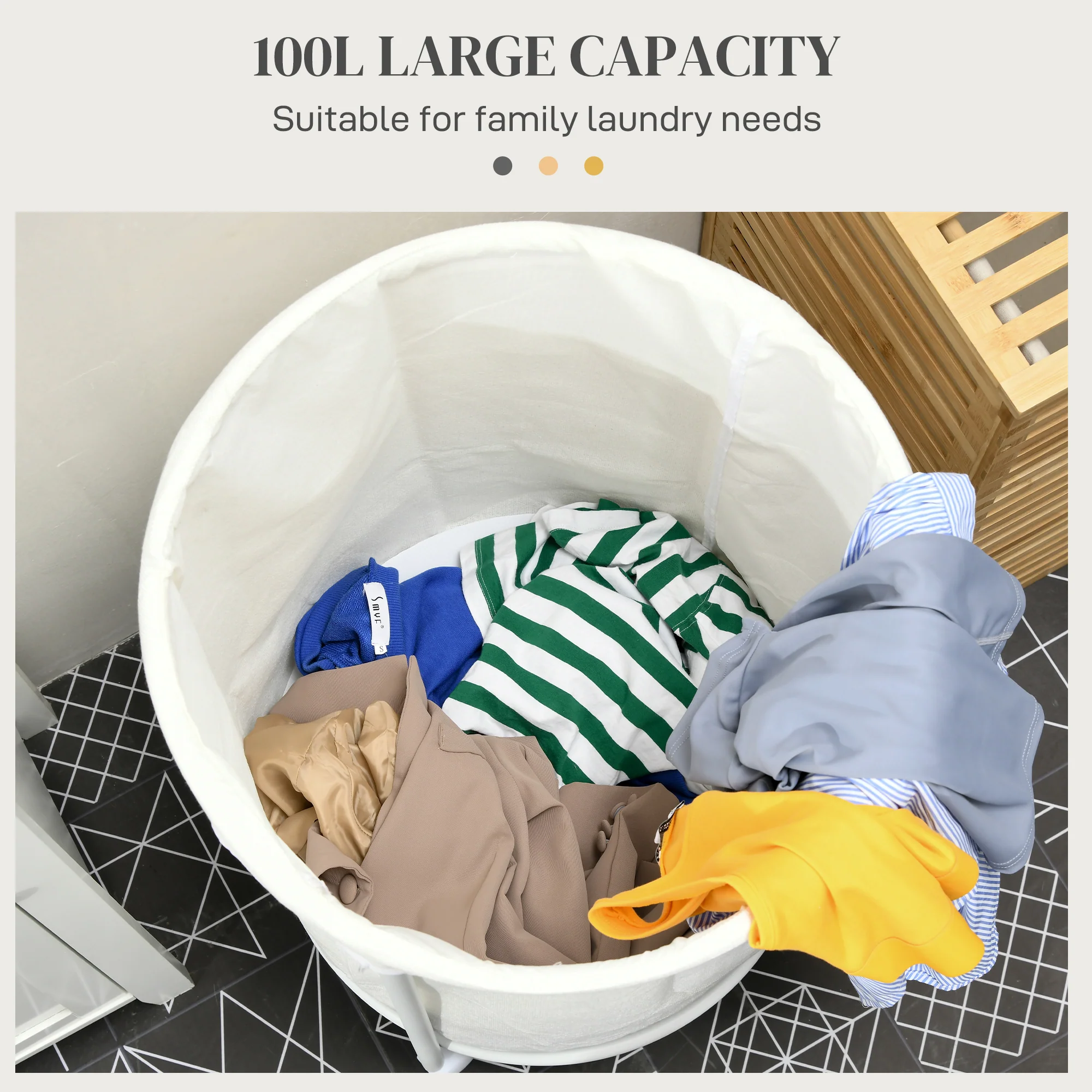 HOMCOM 100L Round Laundry Hamper With Wheels For Bedroom Bathroom Cream White - Image 3