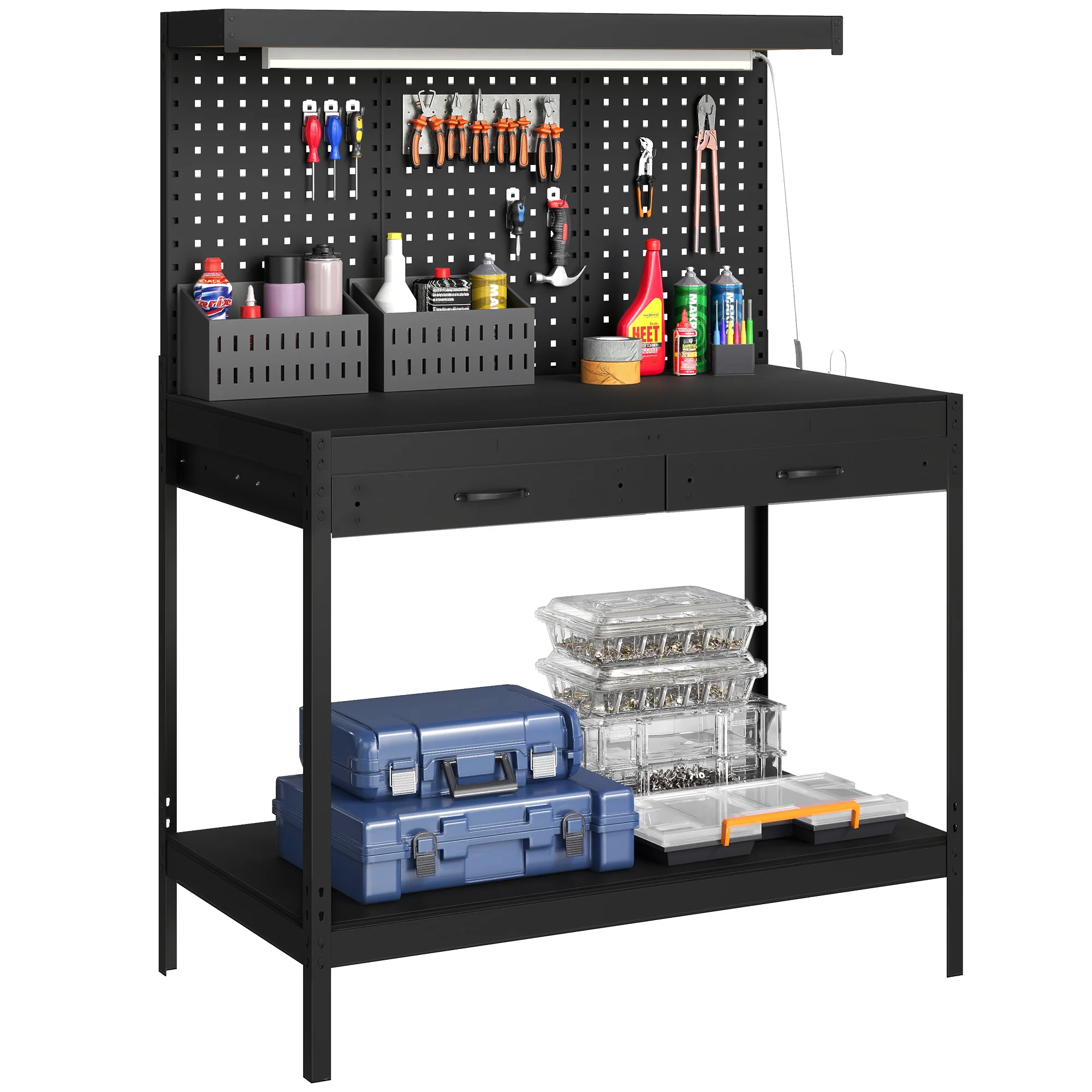 HOMCOM 110 cm Workbench with Pegboard and LED Light, 272 kg Load Capacity