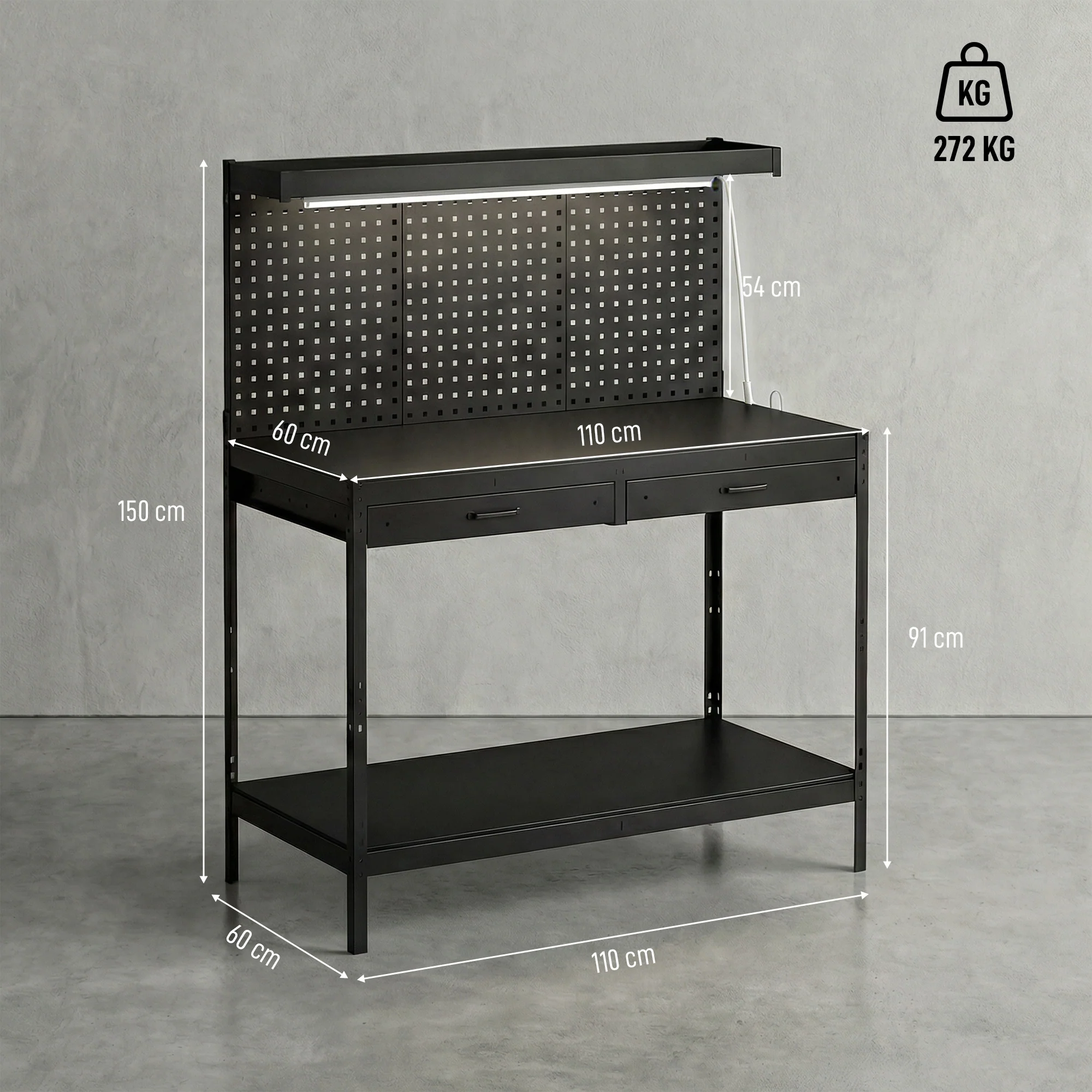 HOMCOM 110 cm Workbench with Pegboard and LED Light, 272 kg Load Capacity - Image 3
