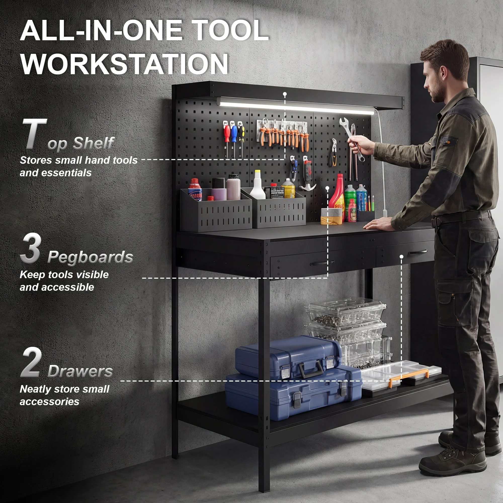 HOMCOM 110 cm Workbench with Pegboard and LED Light, 272 kg Load Capacity - Image 4