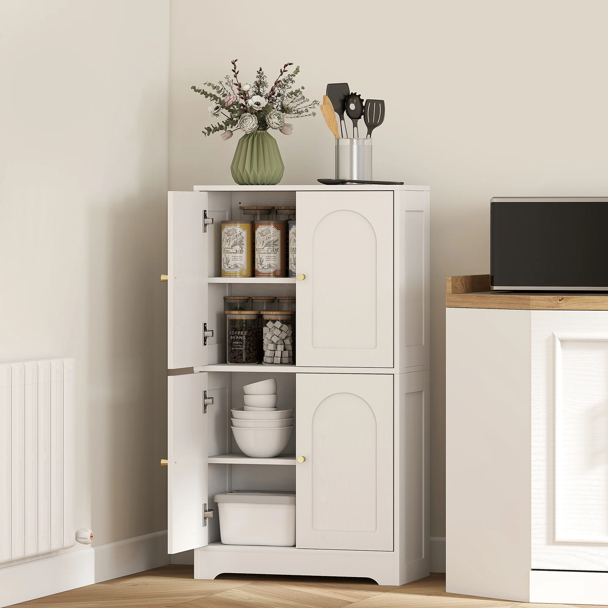 HOMCOM 110cm Kitchen Cupboard With 4 Arched Doors And 2 Adjustable Shelves - Image 2