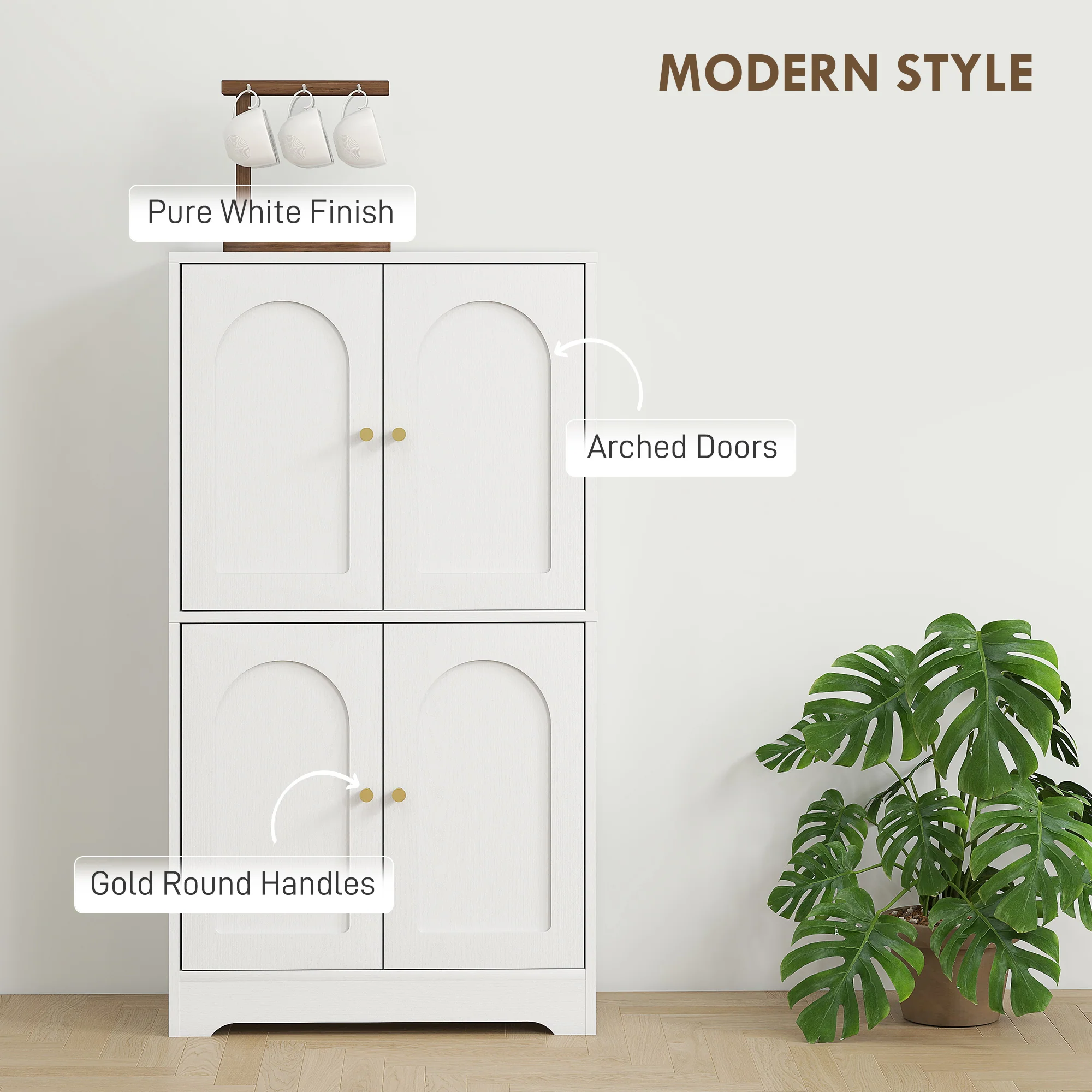 HOMCOM 110cm Kitchen Cupboard With 4 Arched Doors And 2 Adjustable Shelves - Image 3