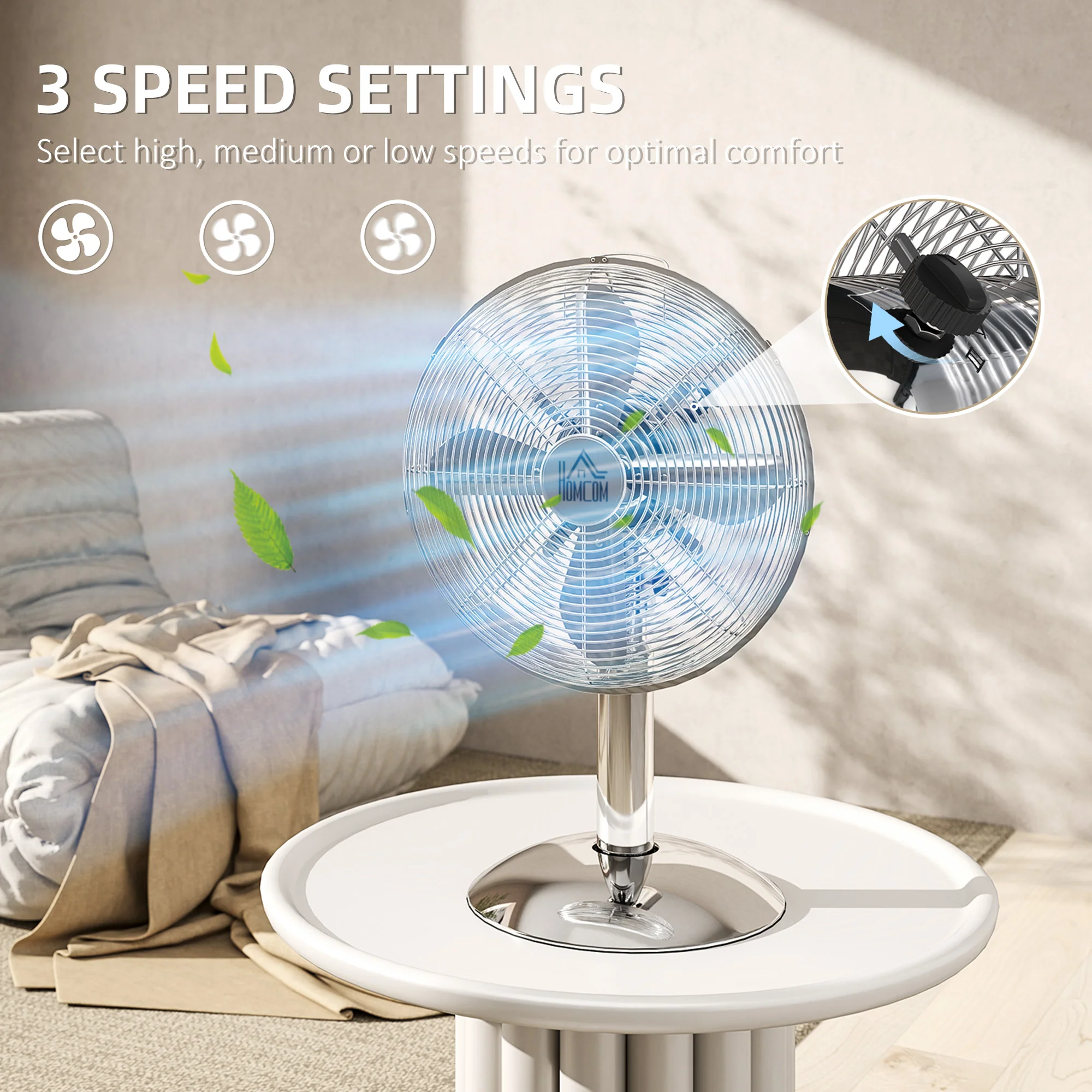 HOMCOM 12" Metal Desk Fan With 3 Speed Settings, Wide-Angled Oscillation - Image 3