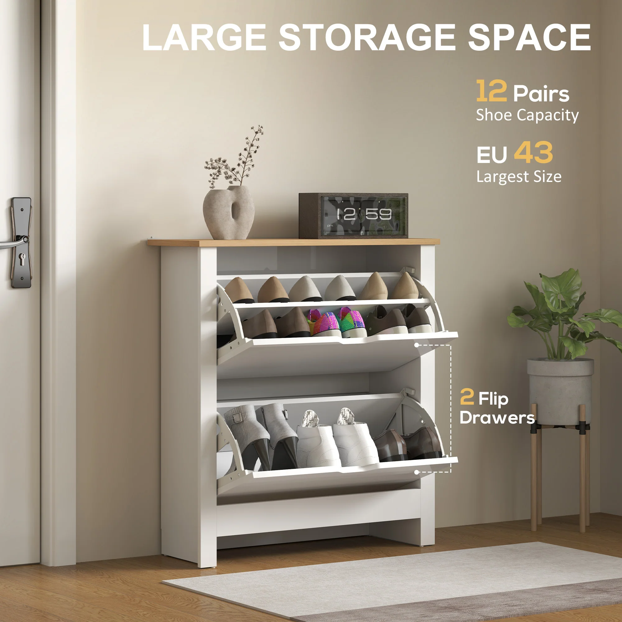 HOMCOM 12-Shoe Storage Cabinet 4 Shelves 2 Drawers Tabletop High Gloss White - Image 3