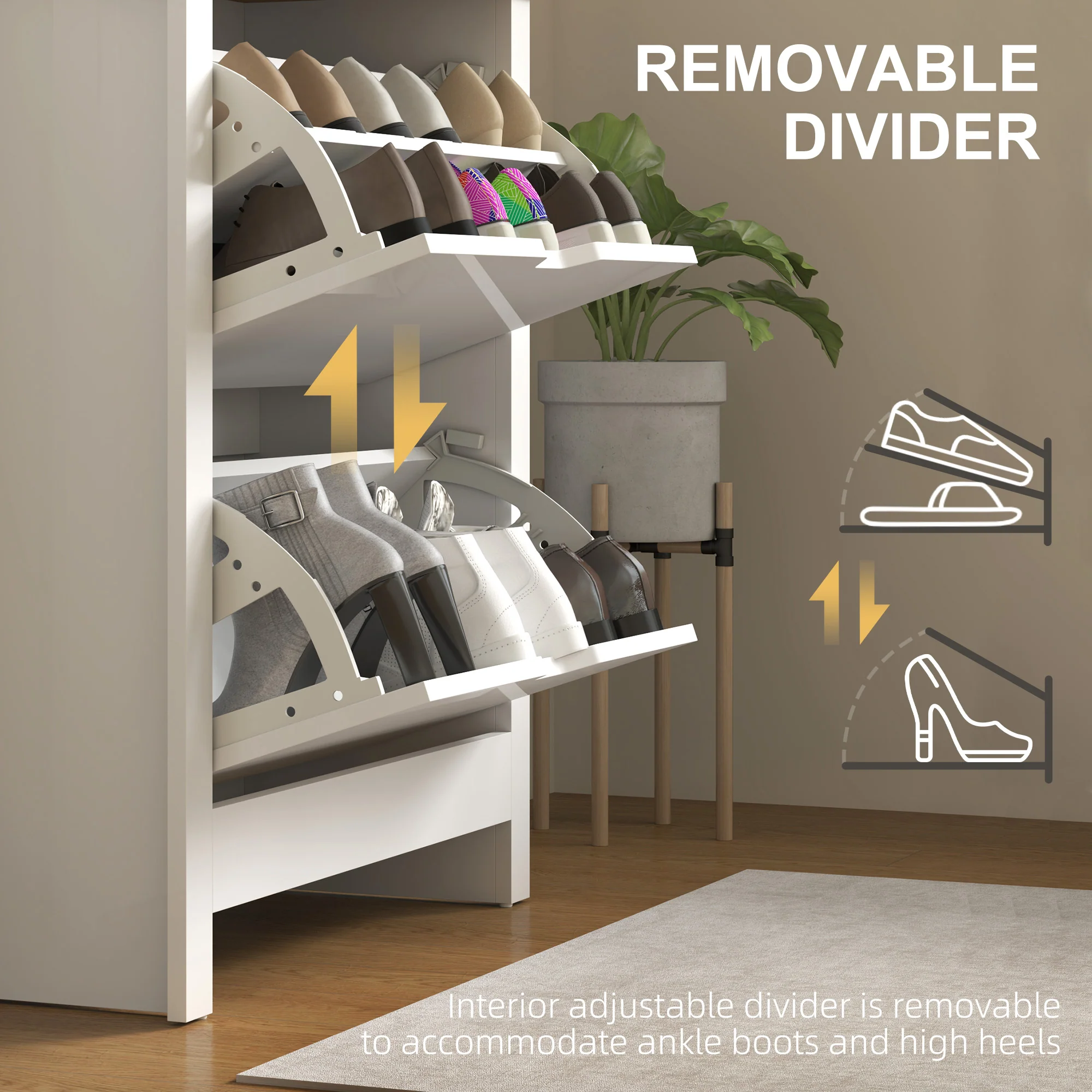 HOMCOM 12-Shoe Storage Cabinet 4 Shelves 2 Drawers Tabletop High Gloss White - Image 6