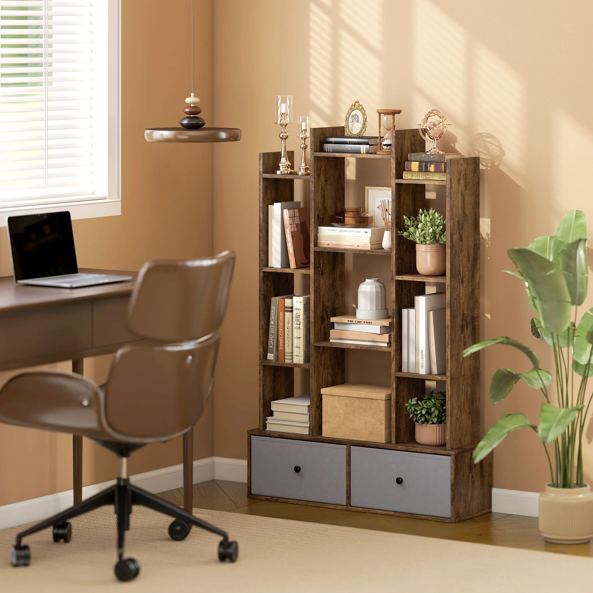 HOMCOM 12-Tier Bookshelf, Bookcase w/ 2 Folding Drawer, Rustic Brown - Image 2