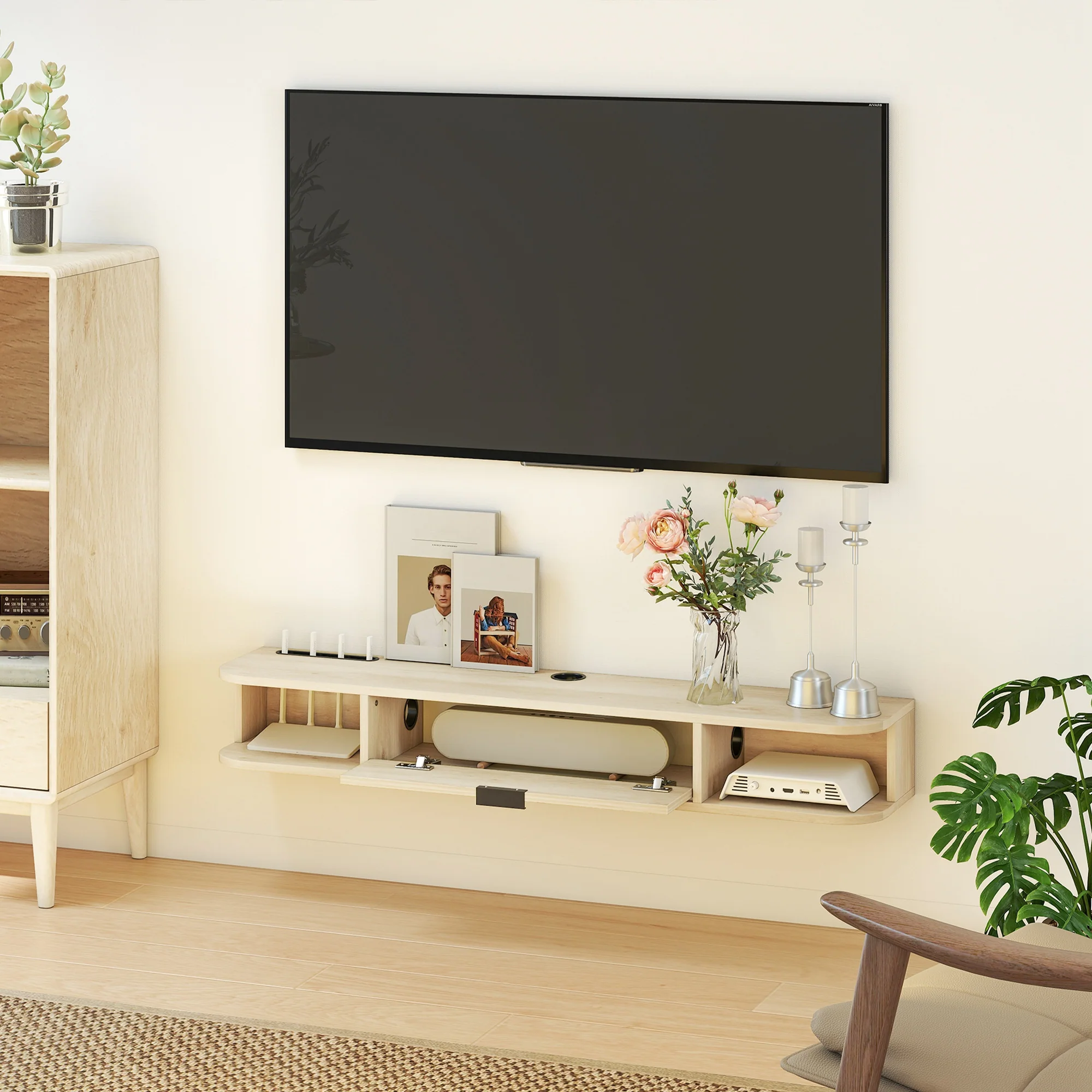 HOMCOM 120 Cm Floating TV Unit With Flip Drawer And Shelves, Natural - Image 8