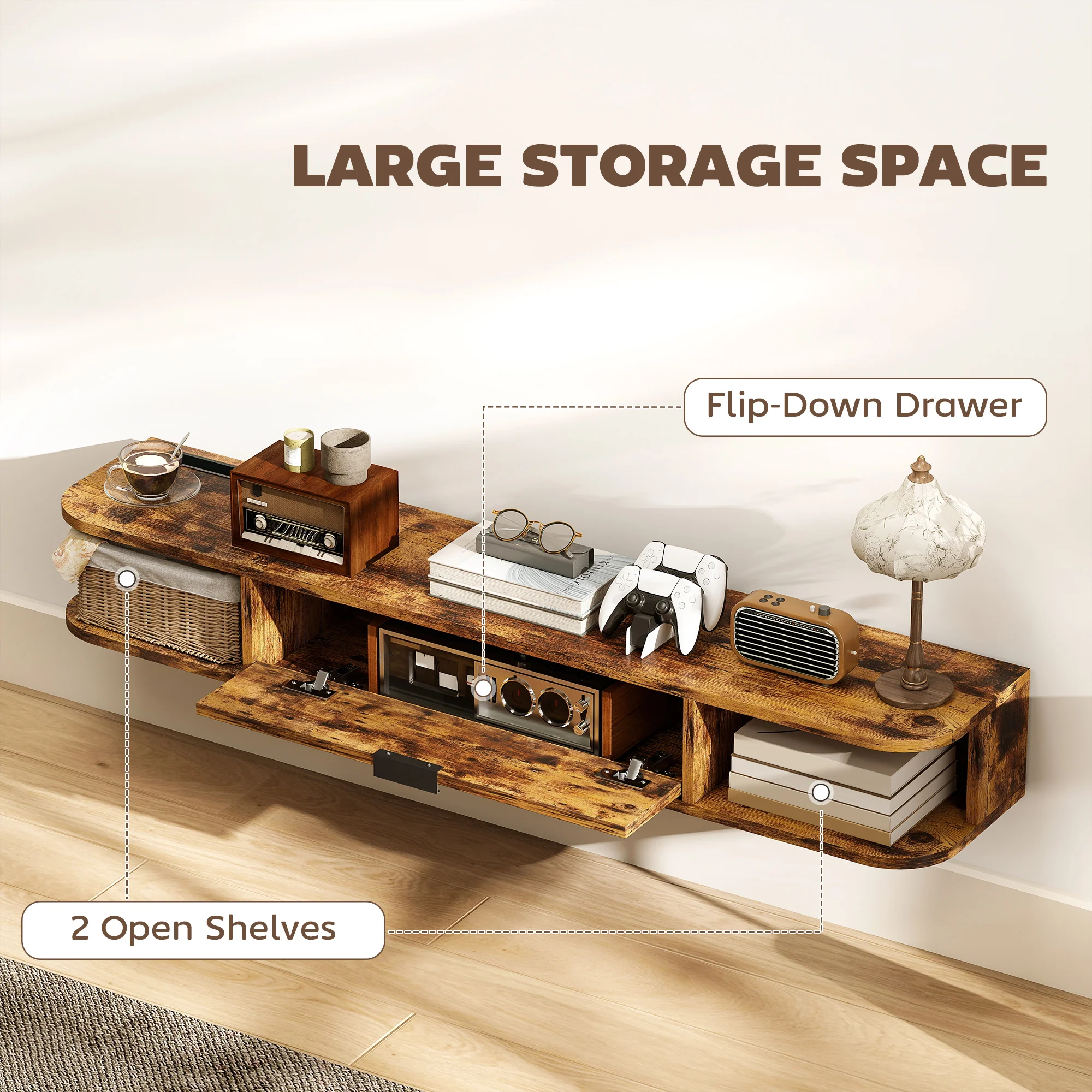 HOMCOM 120 Cm Floating TV Unit With Flip Drawer And Shelves, Rustic Brown - Image 4