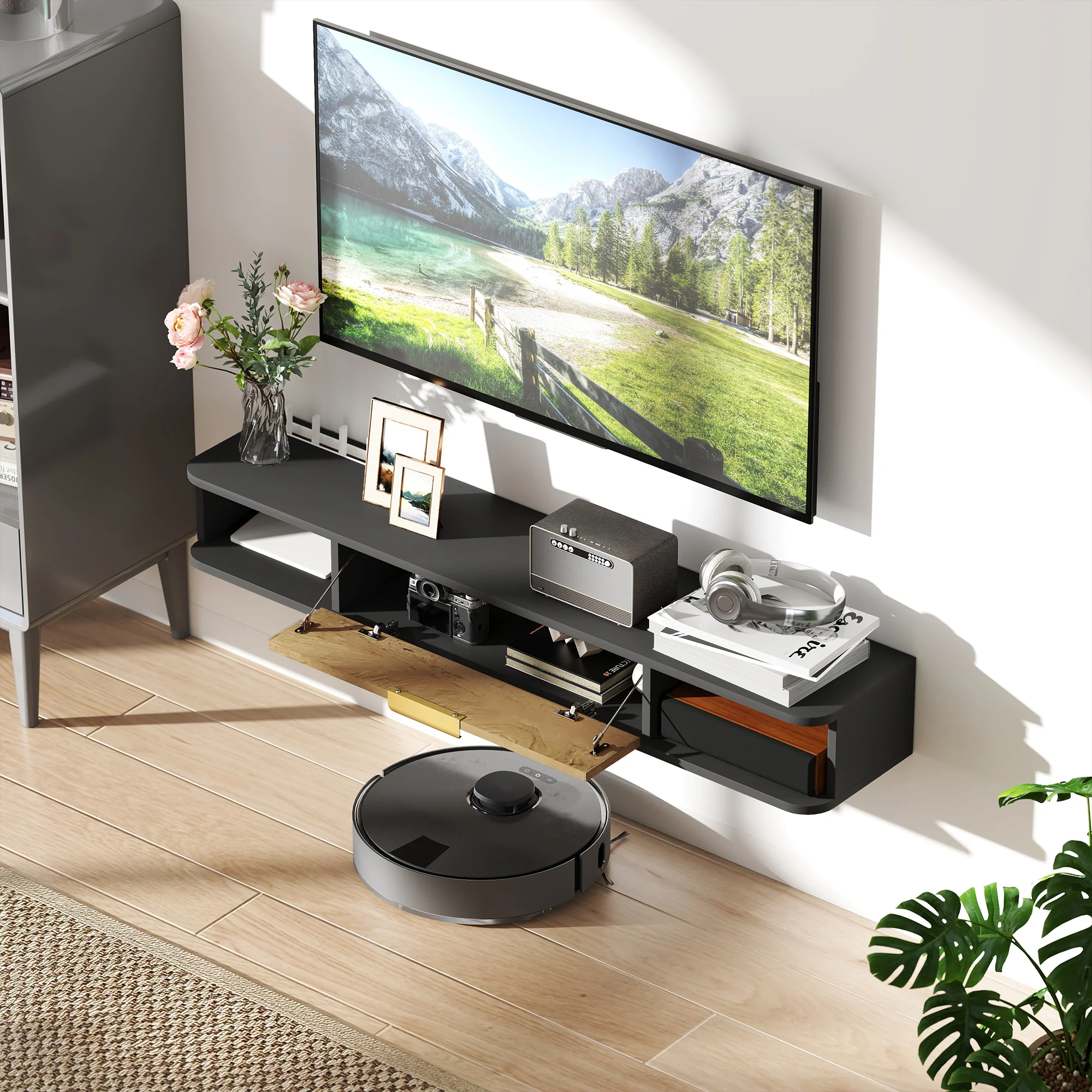HOMCOM 120 cm Floating TV Unit with Storage Entertainment Media Console Grey - Image 7