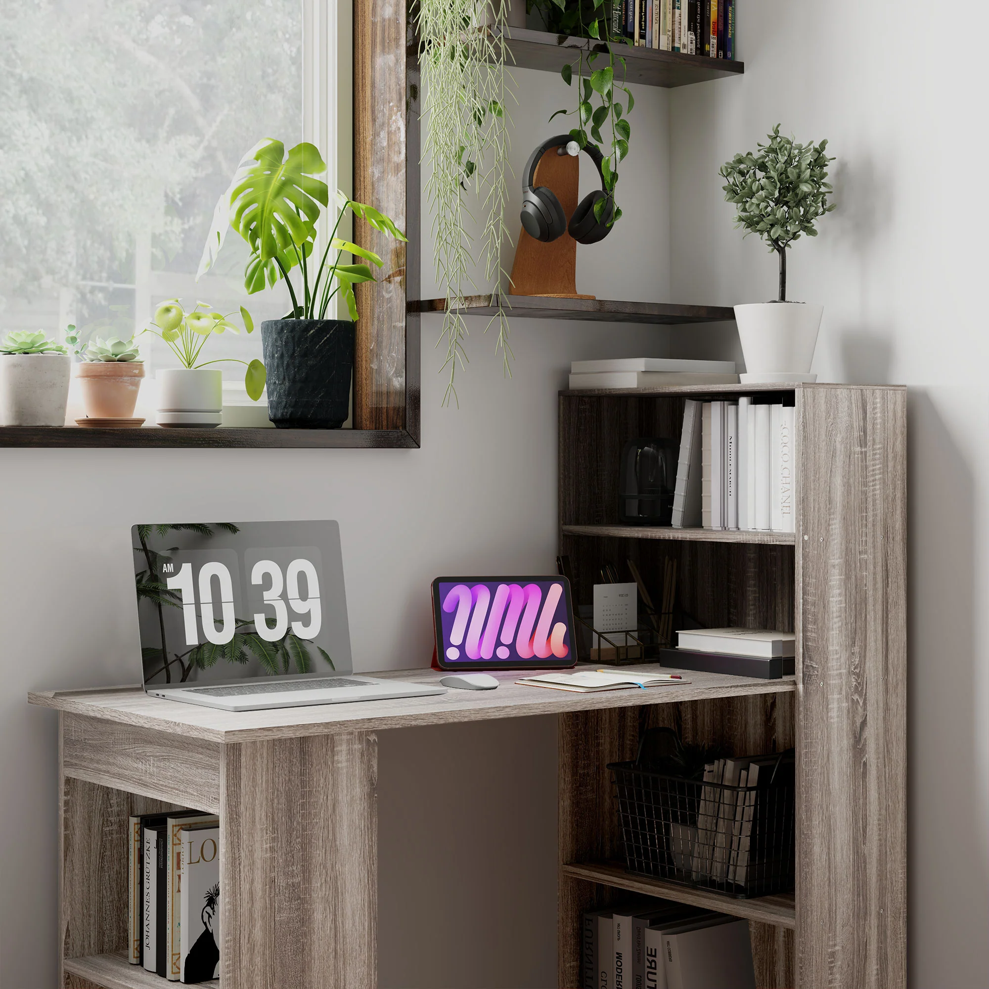 HOMCOM 120cm Computer Desk Bookshelf Writing Table Workstation 6 Shelves Grey - Image 7