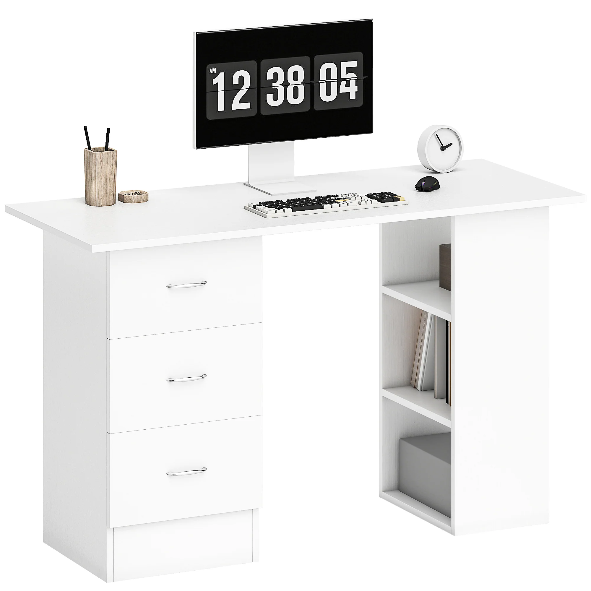 HOMCOM 120cm Computer Desk PC Table Workstation W/ 3 Shelf & Drawers White