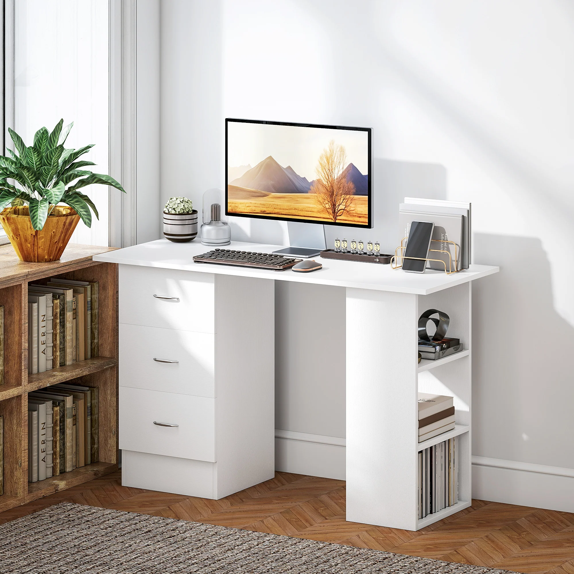 HOMCOM 120cm Computer Desk PC Table Workstation W/ 3 Shelf & Drawers White - Image 8