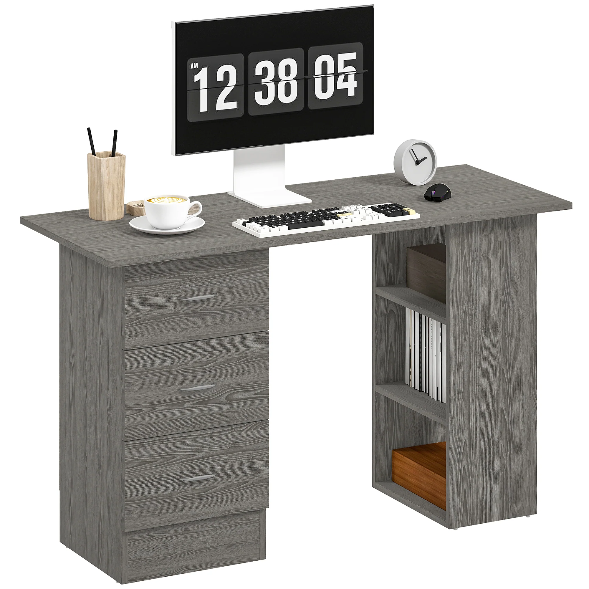 HOMCOM 120cm Computer Desk, Study Table With 3 Shelf & Drawers