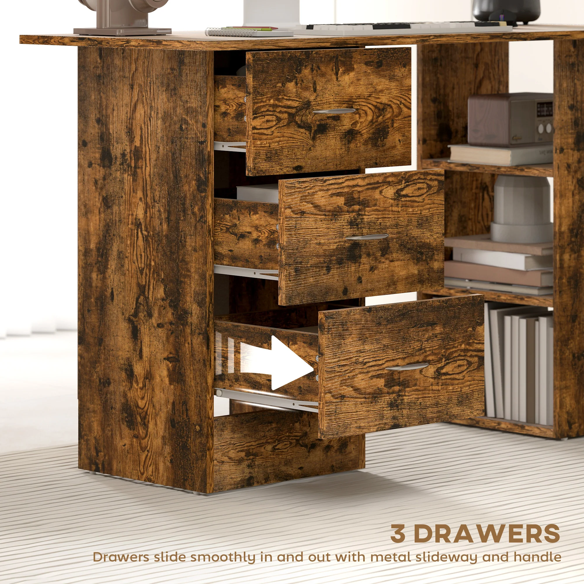 HOMCOM 120cm Computer Desk, Study Table With 3 Shelf & Drawers - Image 22