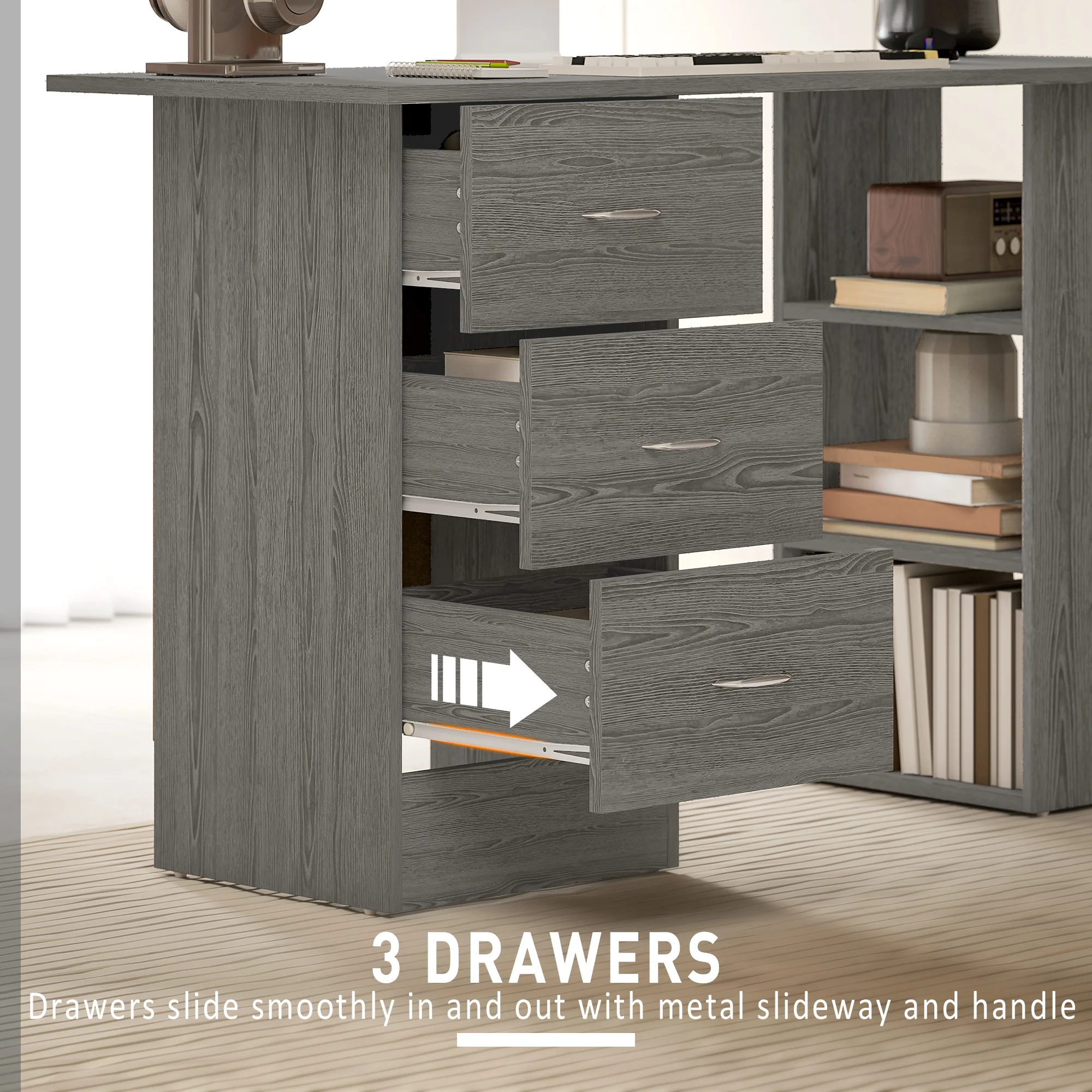 HOMCOM 120cm Computer Desk, Study Table With 3 Shelf & Drawers - Image 4