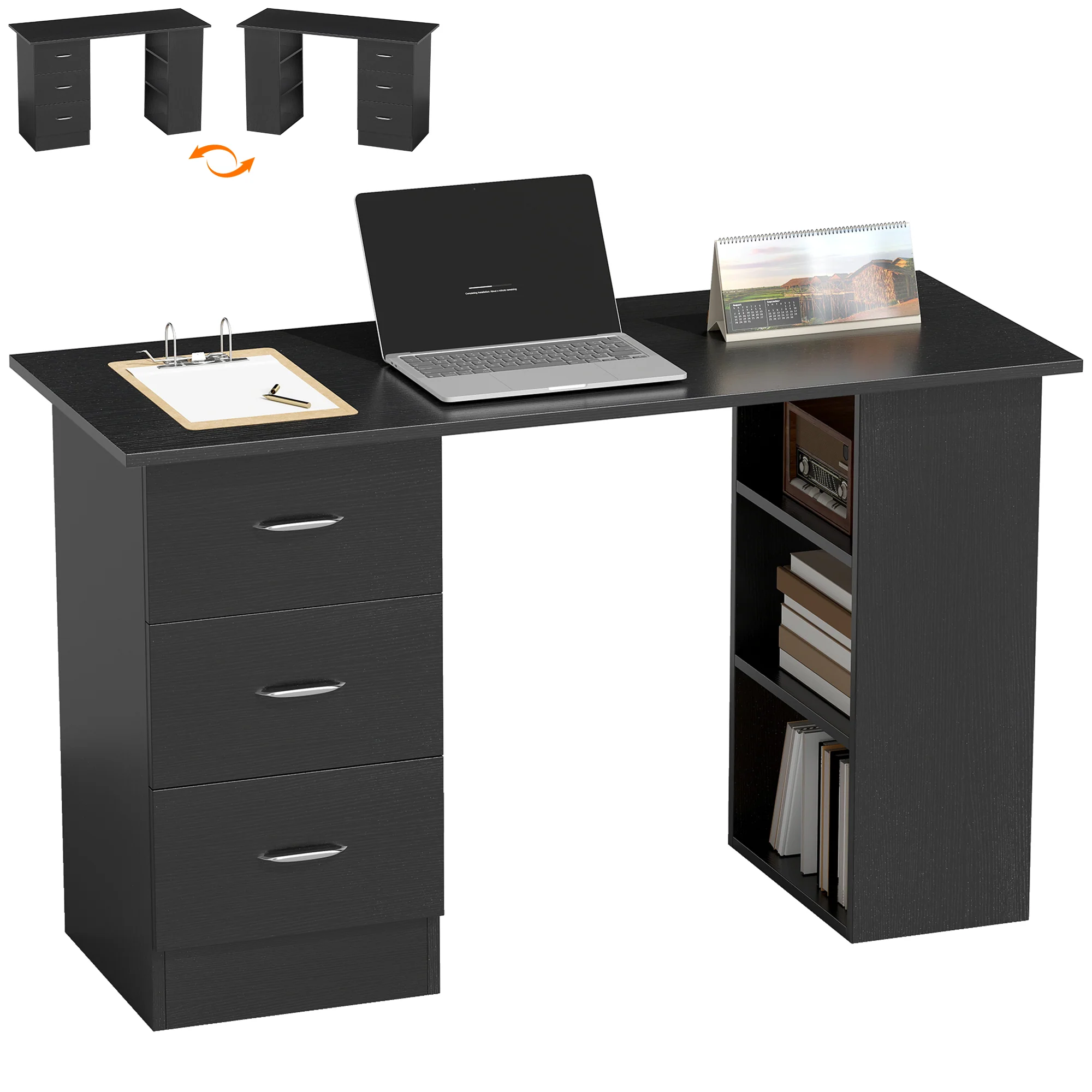 HOMCOM 120cm PC Table Workstation Computer Desk with Drawers & 3 Shelf Black