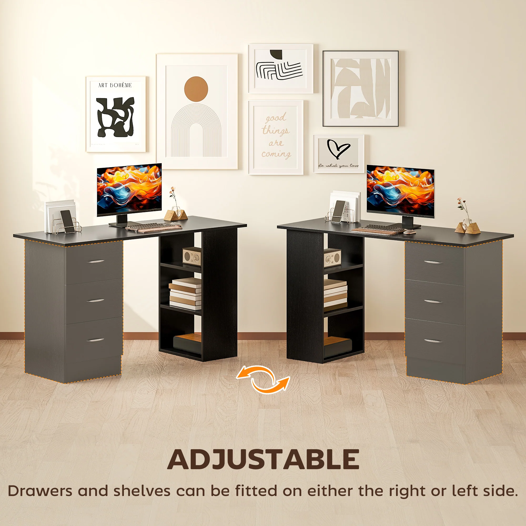 HOMCOM 120cm PC Table Workstation Computer Desk with Drawers & 3 Shelf Black - Image 6