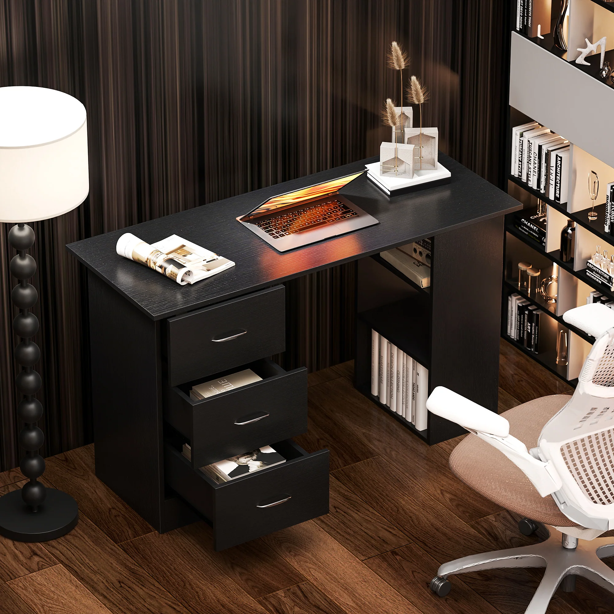 HOMCOM 120cm PC Table Workstation Computer Desk with Drawers & 3 Shelf Black - Image 9